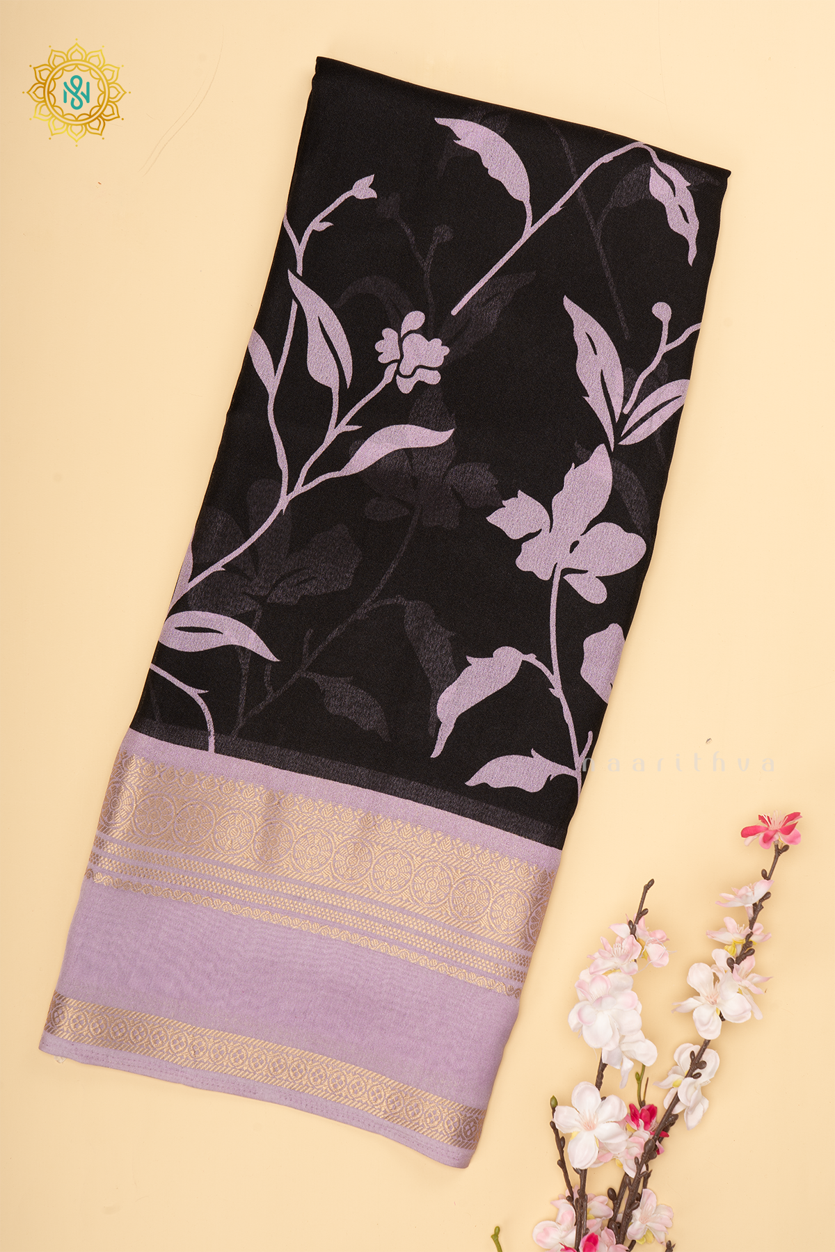 BLACK WITH LAVENDER - SEMI GEORGETTE