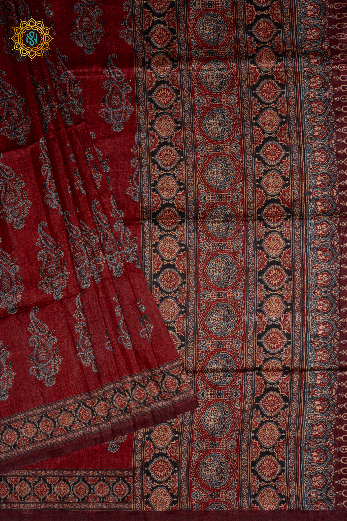 RED - SEMI TUSSAR SILK WITH PRINTED BODY AND AJRAKH PRINTED PALLU