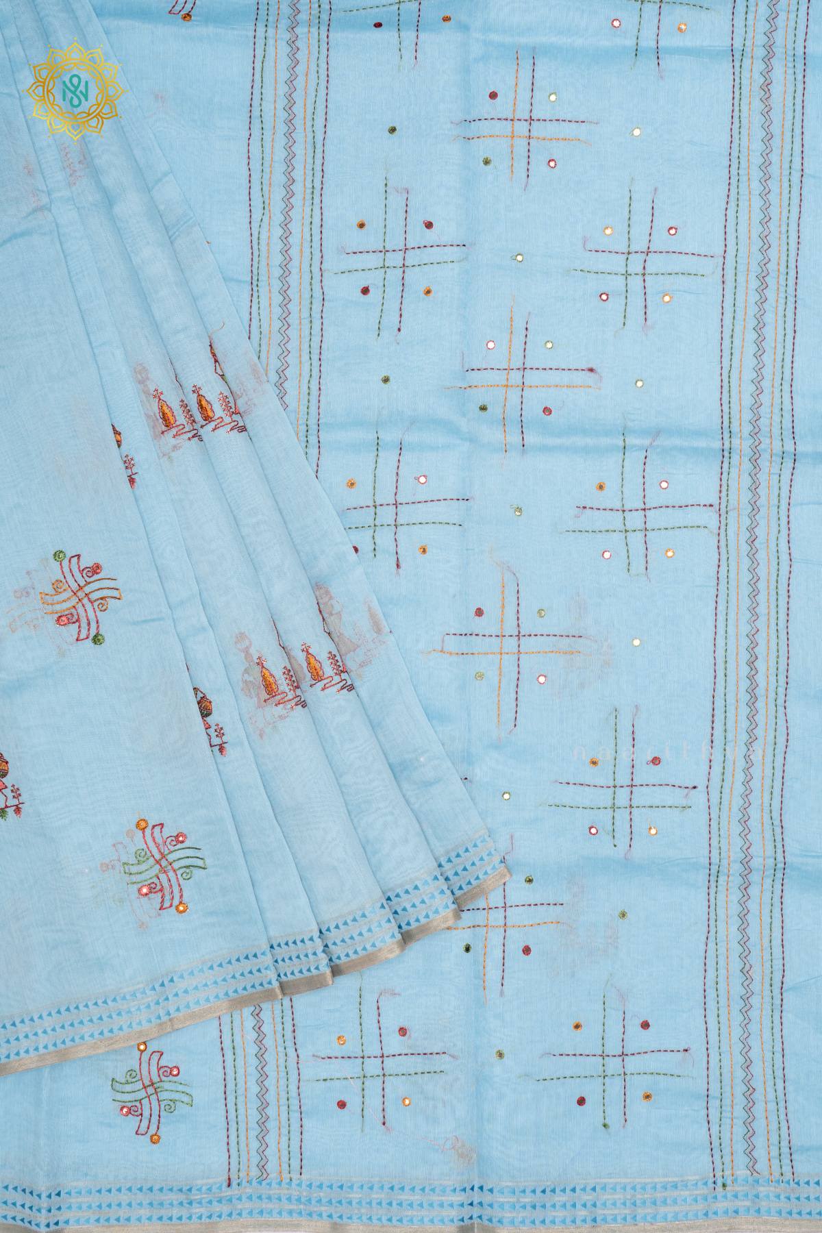 SKY BLUE - CHANDERI  COTTON SAREE WITH EMBROIDERY BUTTAS,  PALLU AND THREAD WOVEN BORDER