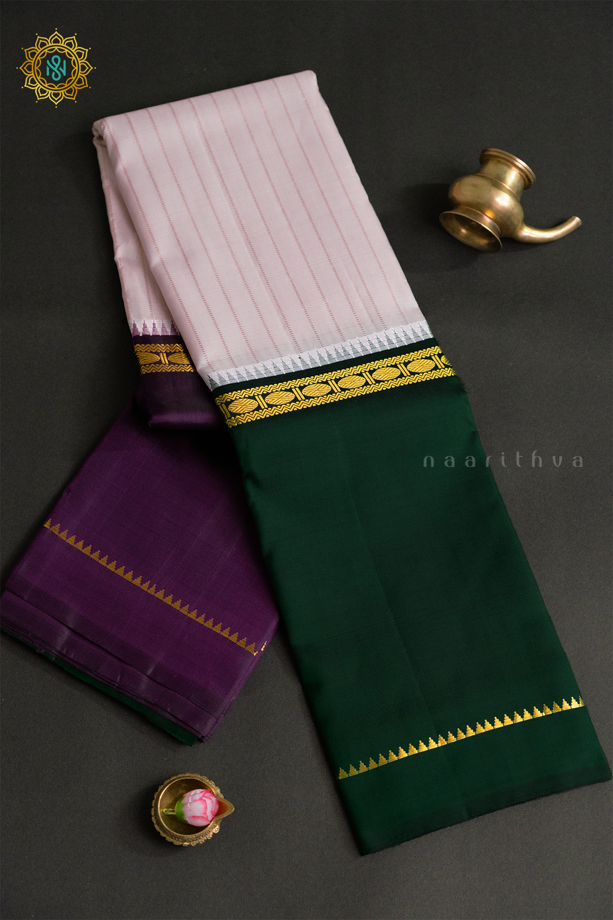 LIGHT PINK WITH GREEN & WINE - PURE KANJIVARAM SILK