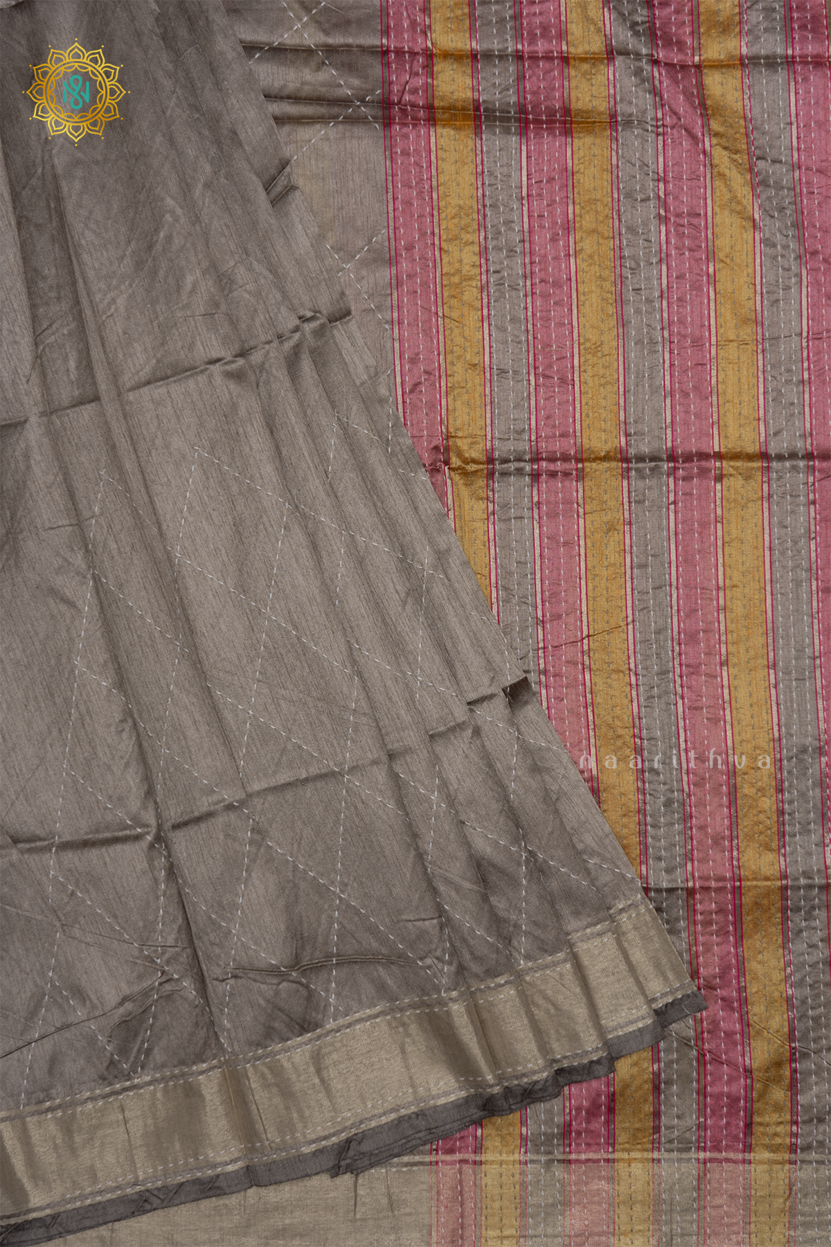 Grey Semi Tussar Silk Sarree With Rangkat Pallu & Blouse
