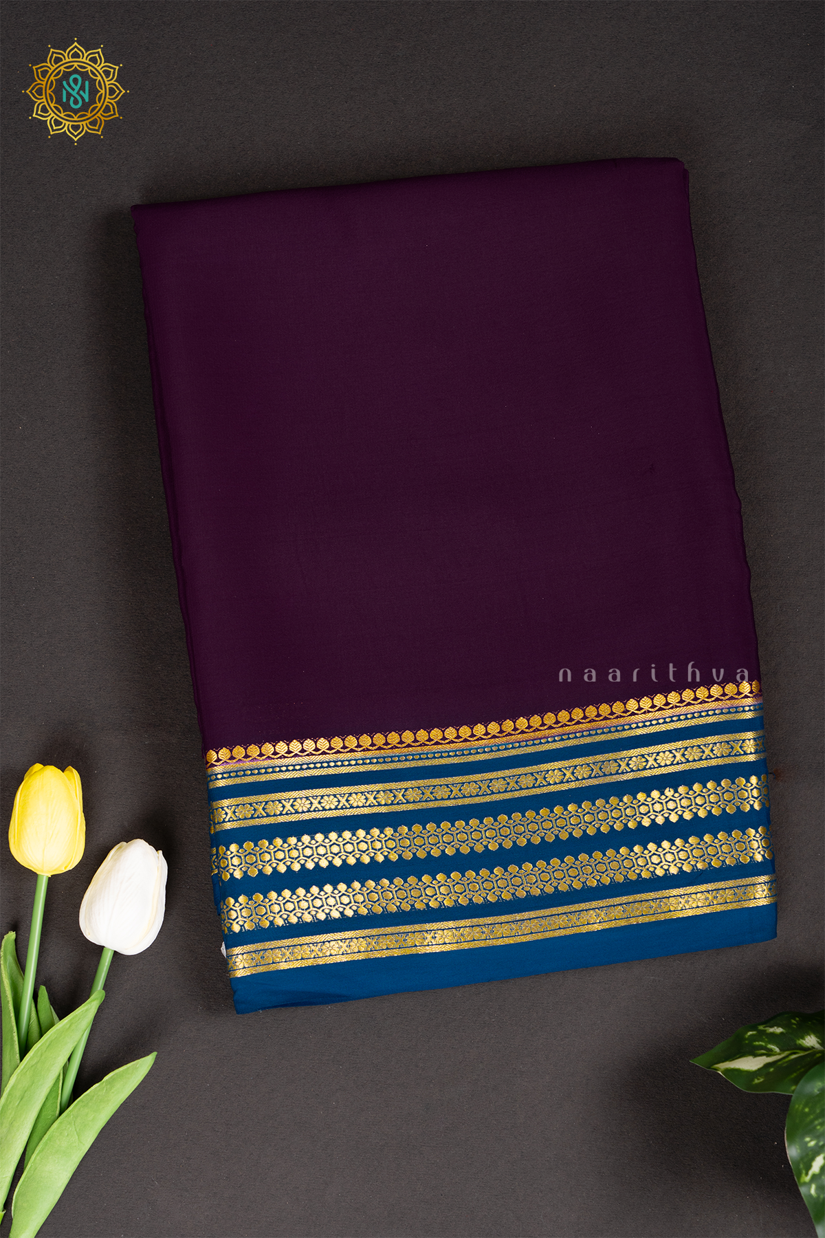 WINE WITH PEACOCK BLUE - PURE MYSORE CREPE SILK