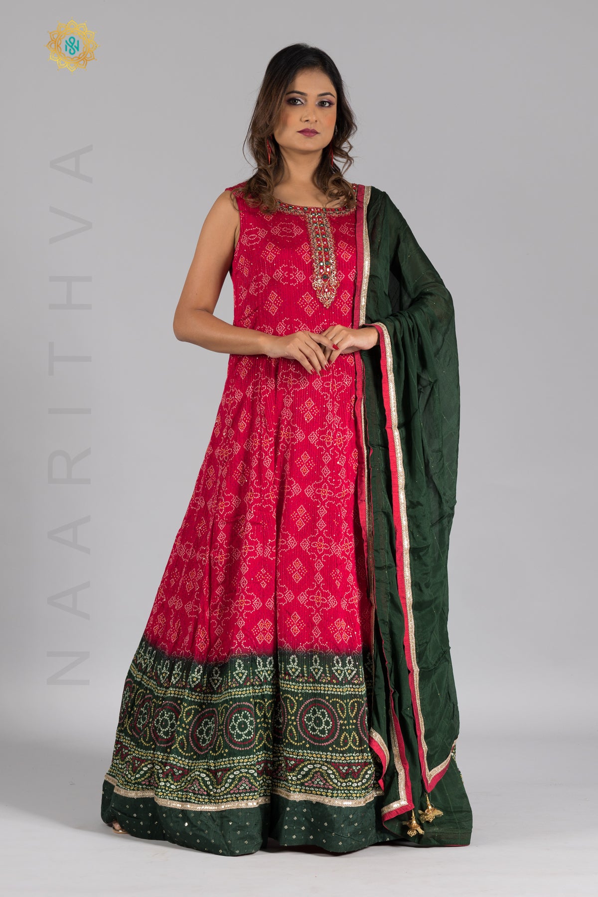 PINK WITH GREEN - PARTY WEAR GOWN WITH NECK LINE HAND WORK & DUPATTA