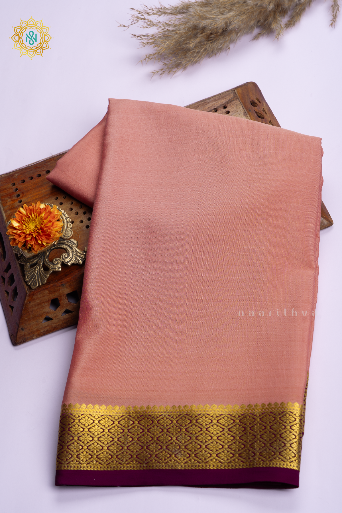 PEACH WITH BROWN - PURE MYSORE CREPE SILK