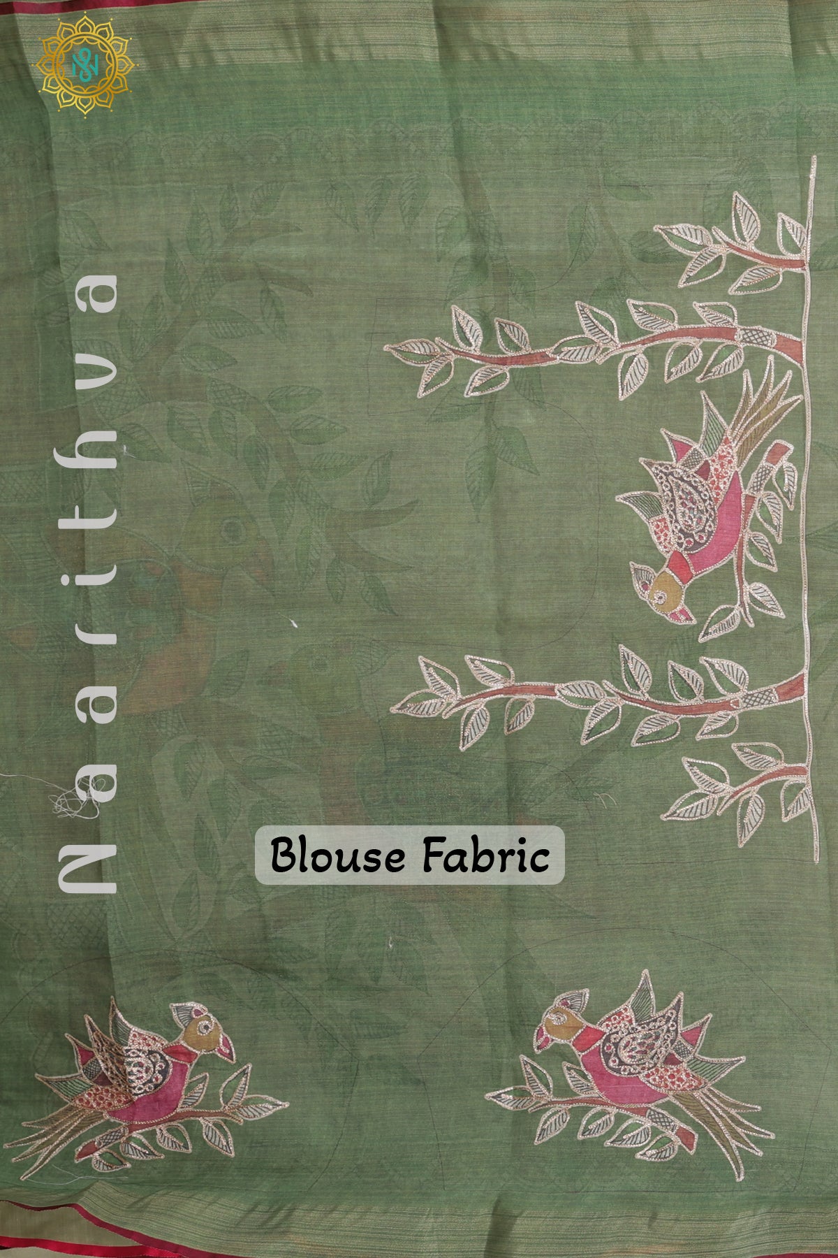 BIEGE WITH GREEN - LINEN TISSUE WITH EMBROIDERY