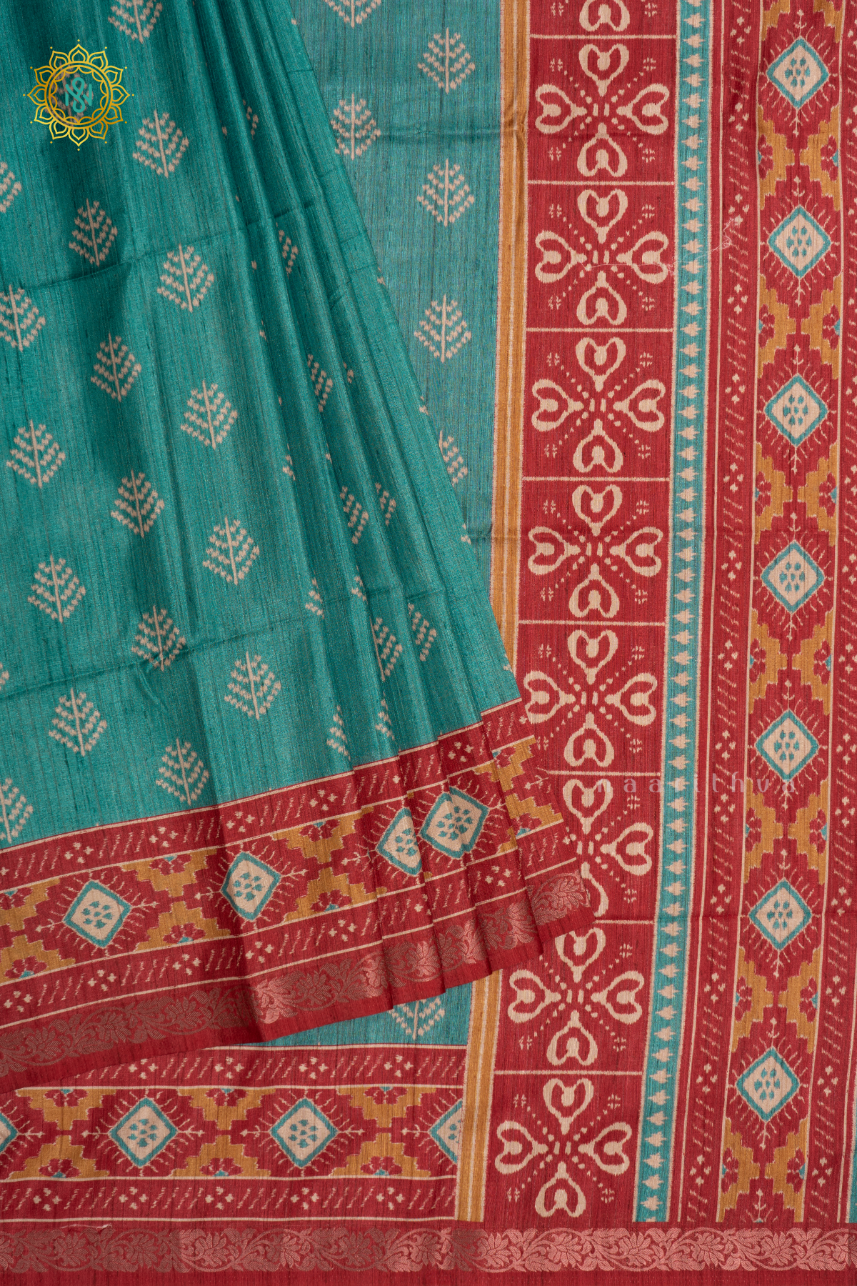 SKY BLUE WITH RED - SEMI KOTHA CREPE WITH PRINTED BODY AND ZARI BORDER