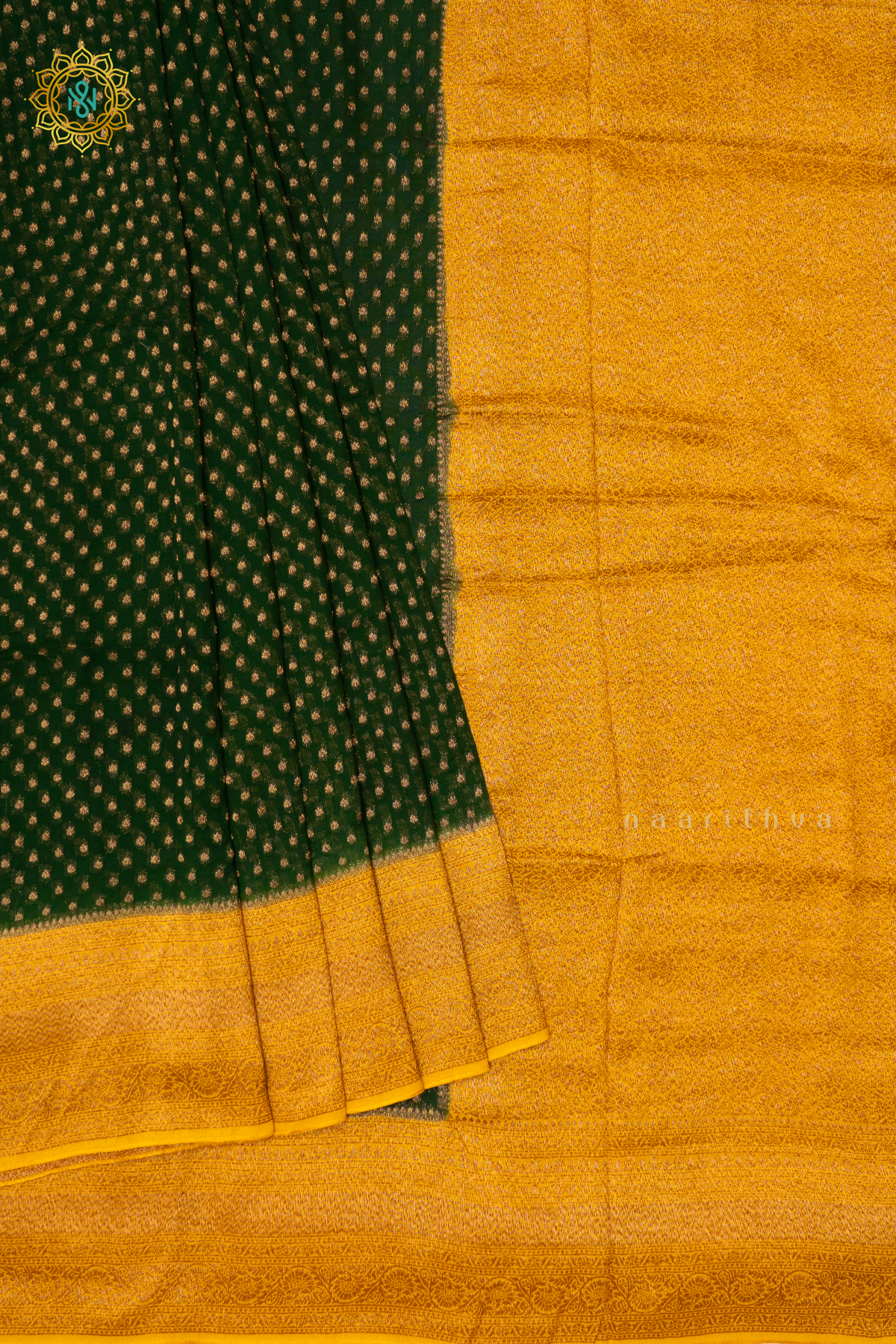 BOTTLE GREEN WITH YELLOW - SEMI GEORGETTE