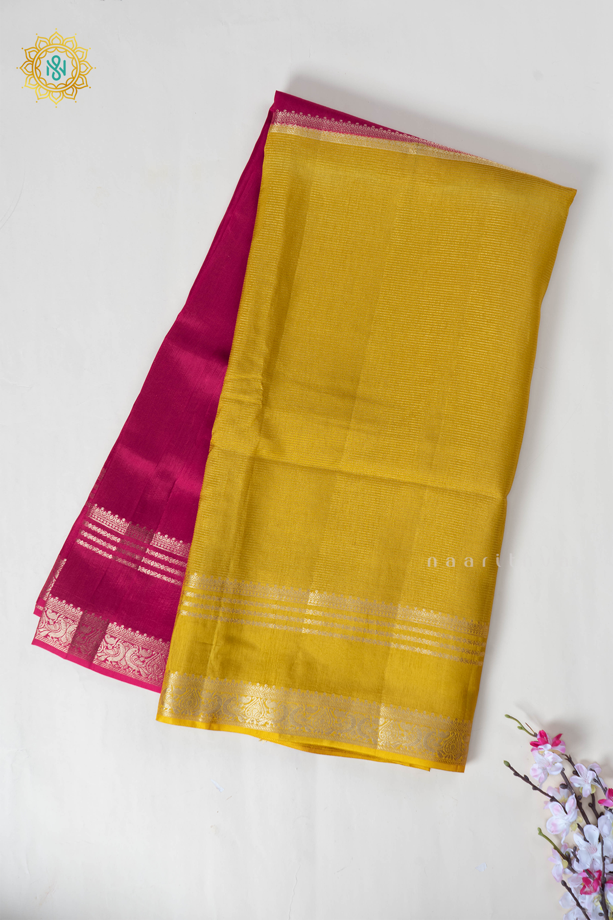 Pink With Yellow Semi Crepe Silk Saree With Zari Stripes On The Body With Bentext Border In Half & Half Pattern