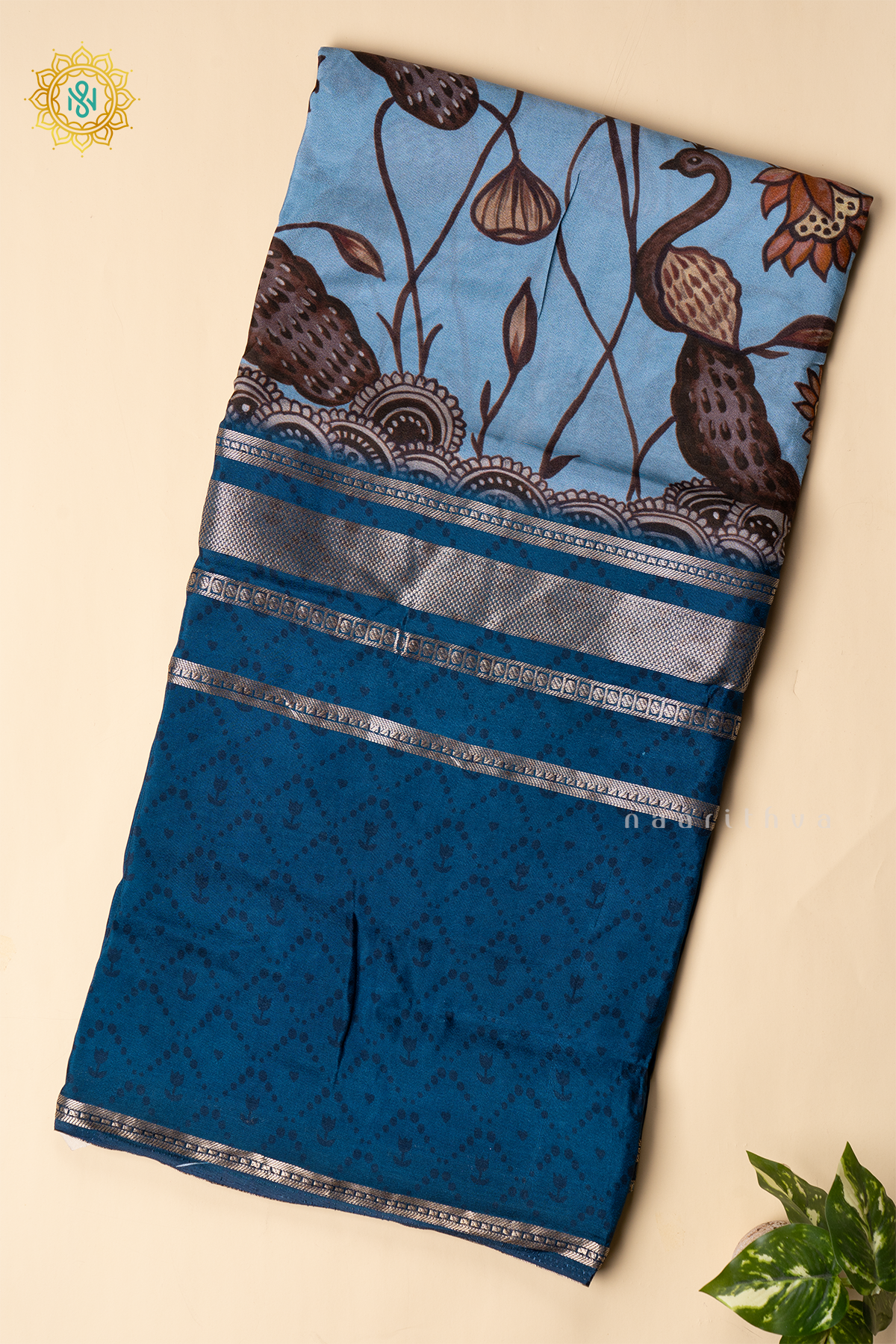 BLUE WITH AQUA BLUE - SEMI CREPE SILK