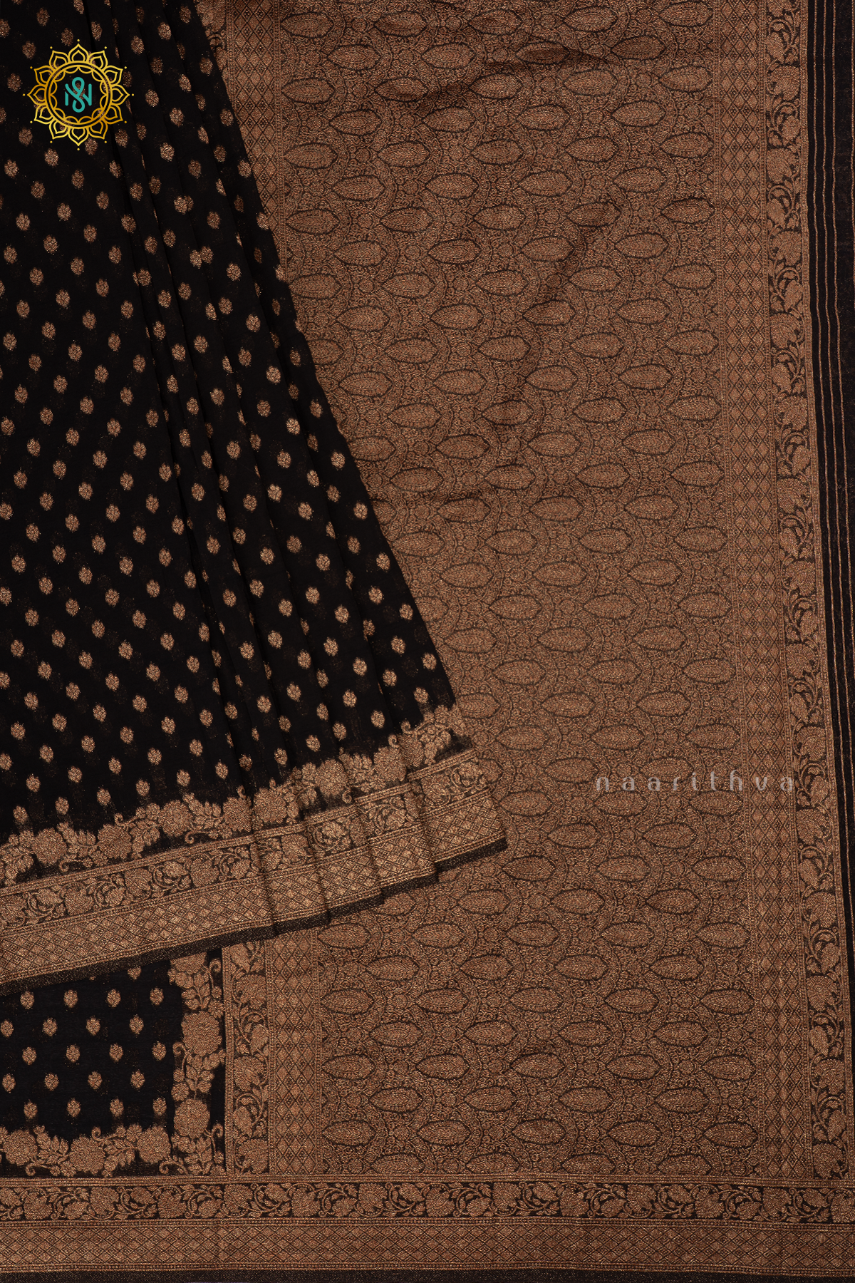 Black - Semi georgette saree with allover zari buttas and zari border