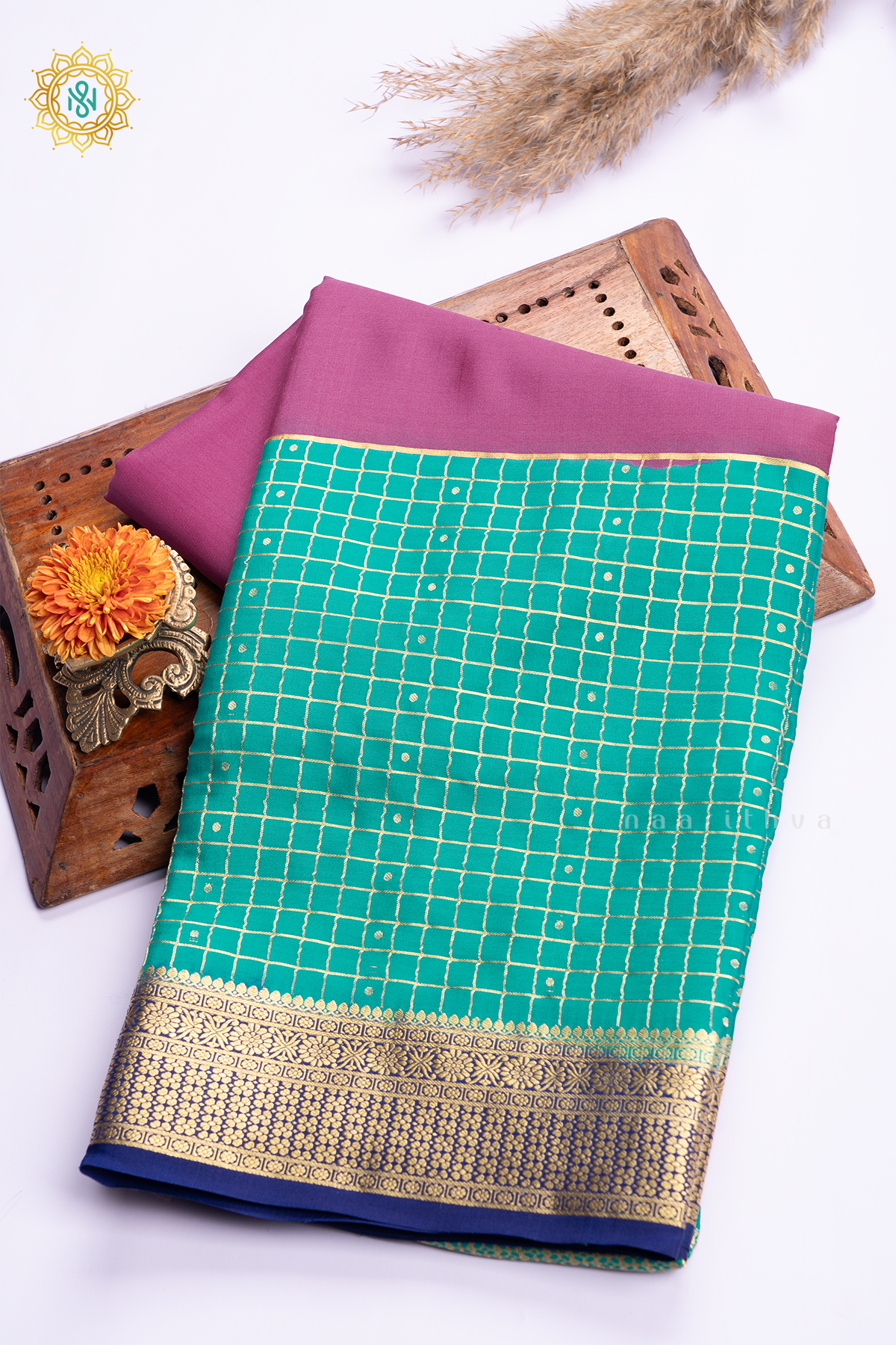 PINKISH LAVENDER WITH AQUA GREEN & BLUE - PURE MYSORE CREPE SILK