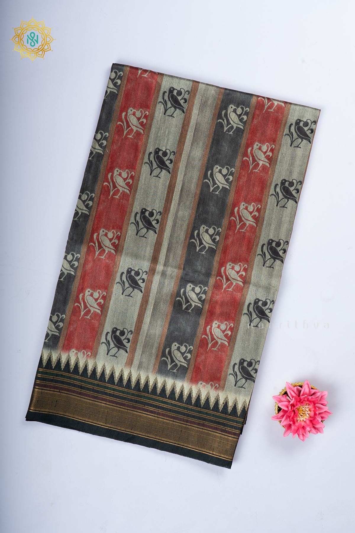 Black With Red Semi Tussar Silk With Printed Body With Zari Border & Pallu