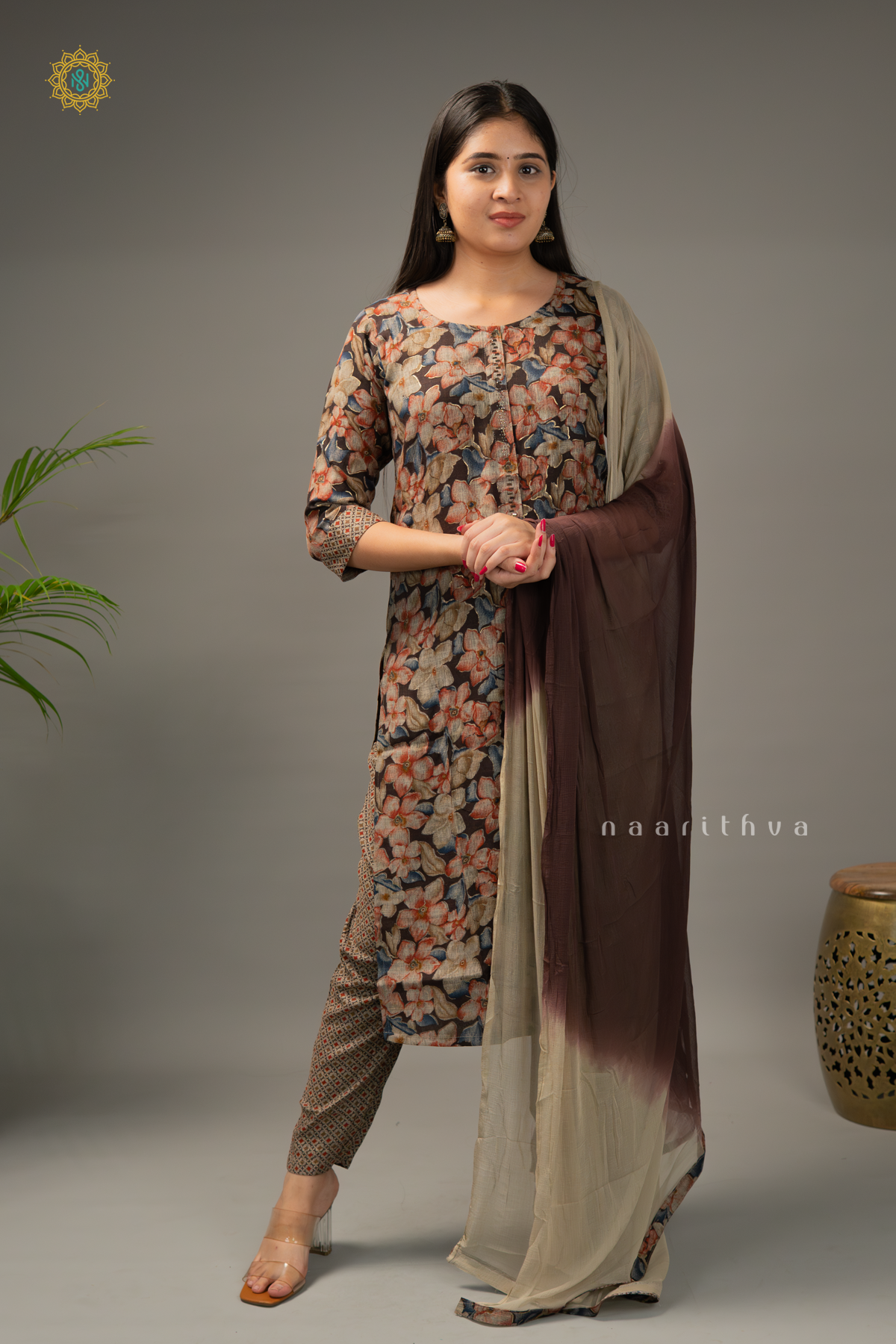 BROWN - COTTON 3PC SALWAR SUIT WITH FLORAL PRINTED TOP & BOTTOM