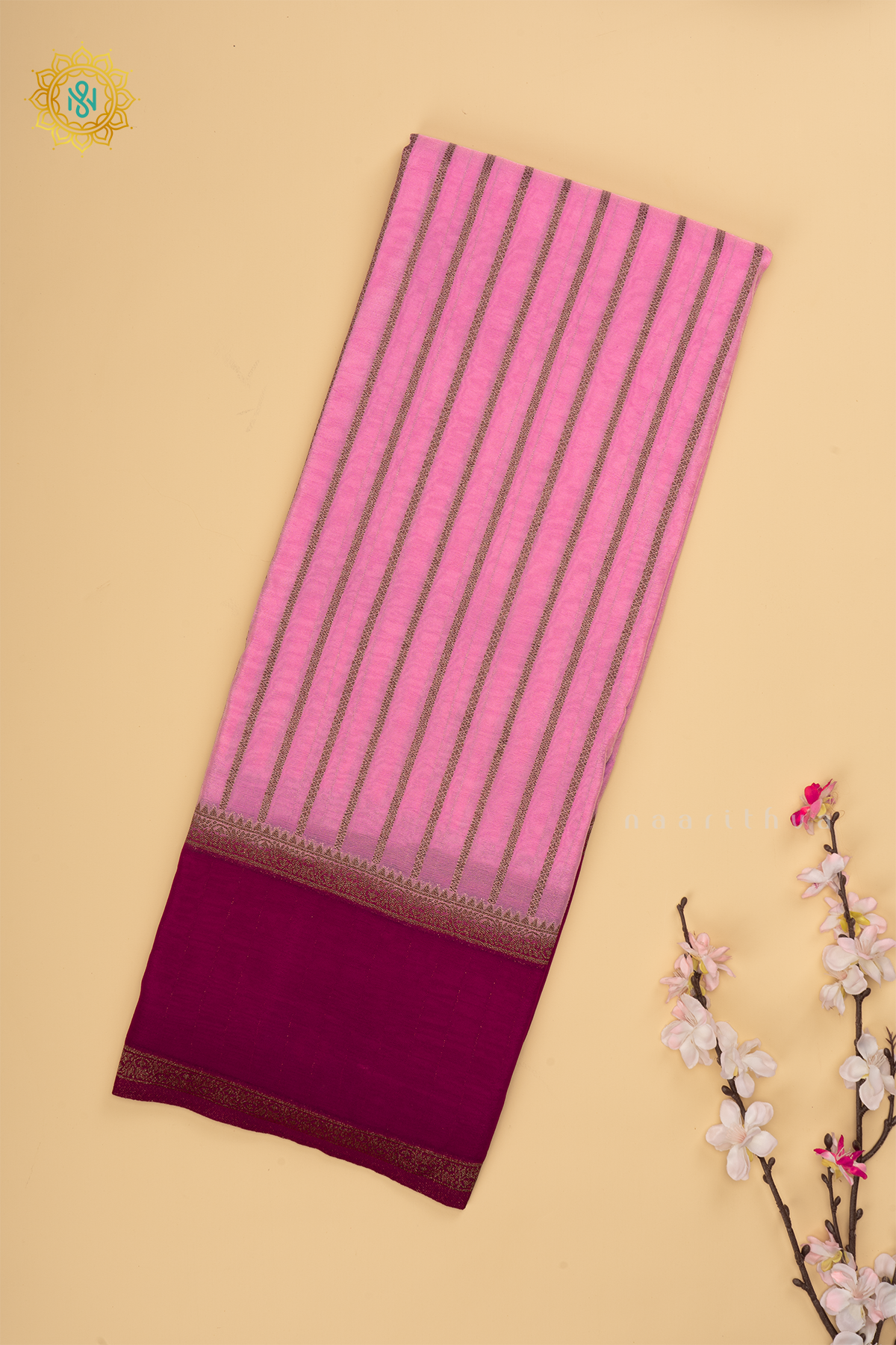 Pinkish lavender and Pink Semi Chiffon Georgette Saree with Allover Zari Stripes and Zari Gap Border