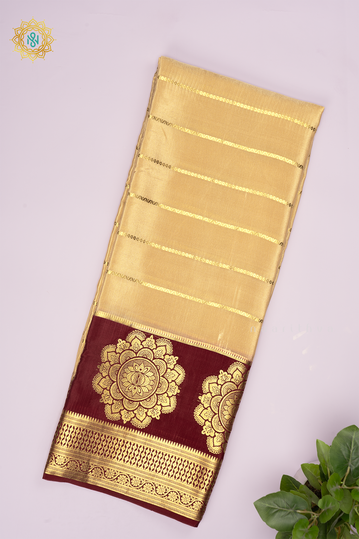 LIGHT BISCUIT WITH MAROON - PURE MYSORE CREPE SILK