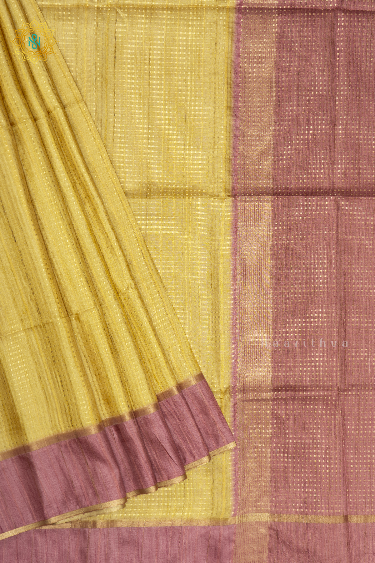 YELLOW WITH PEACHISH PINK - SEMI TUSSAR SILK