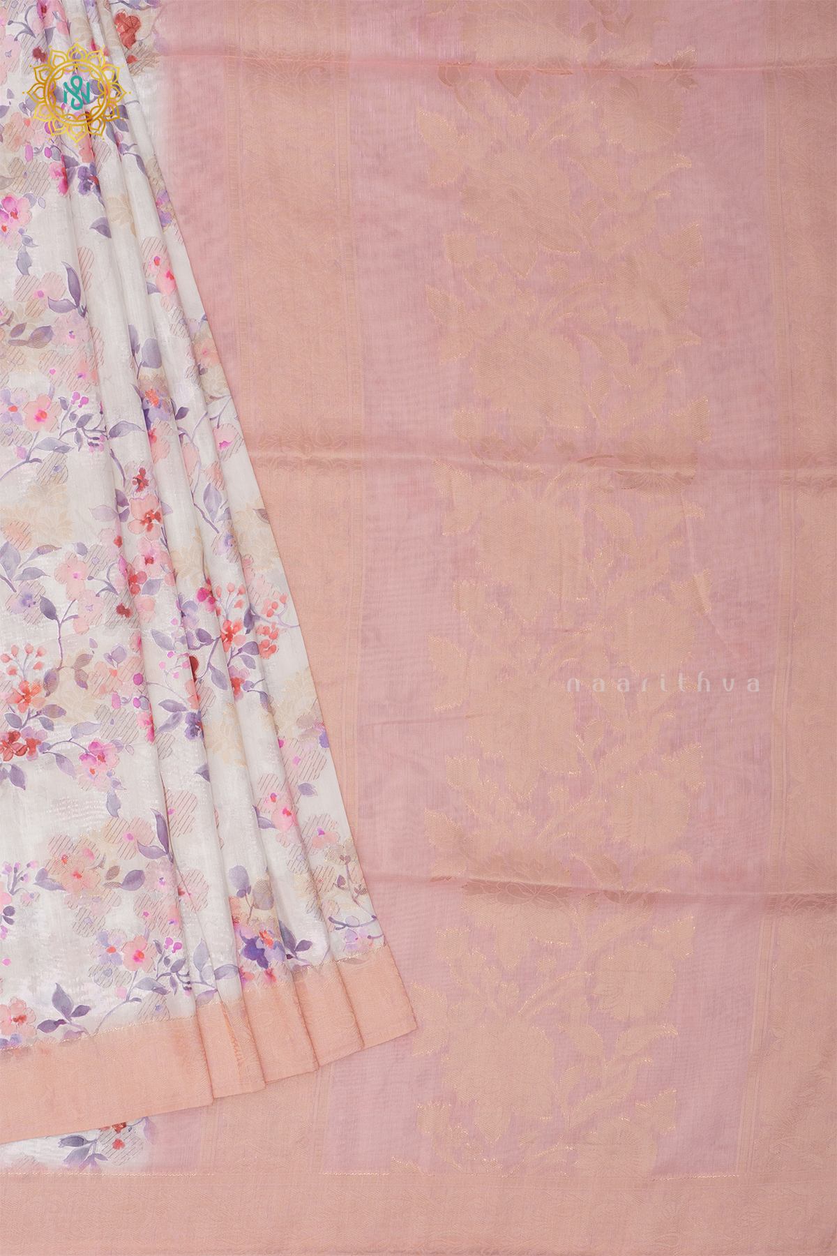 WHITE WITH PEACH - SEMI CREPE SILK
