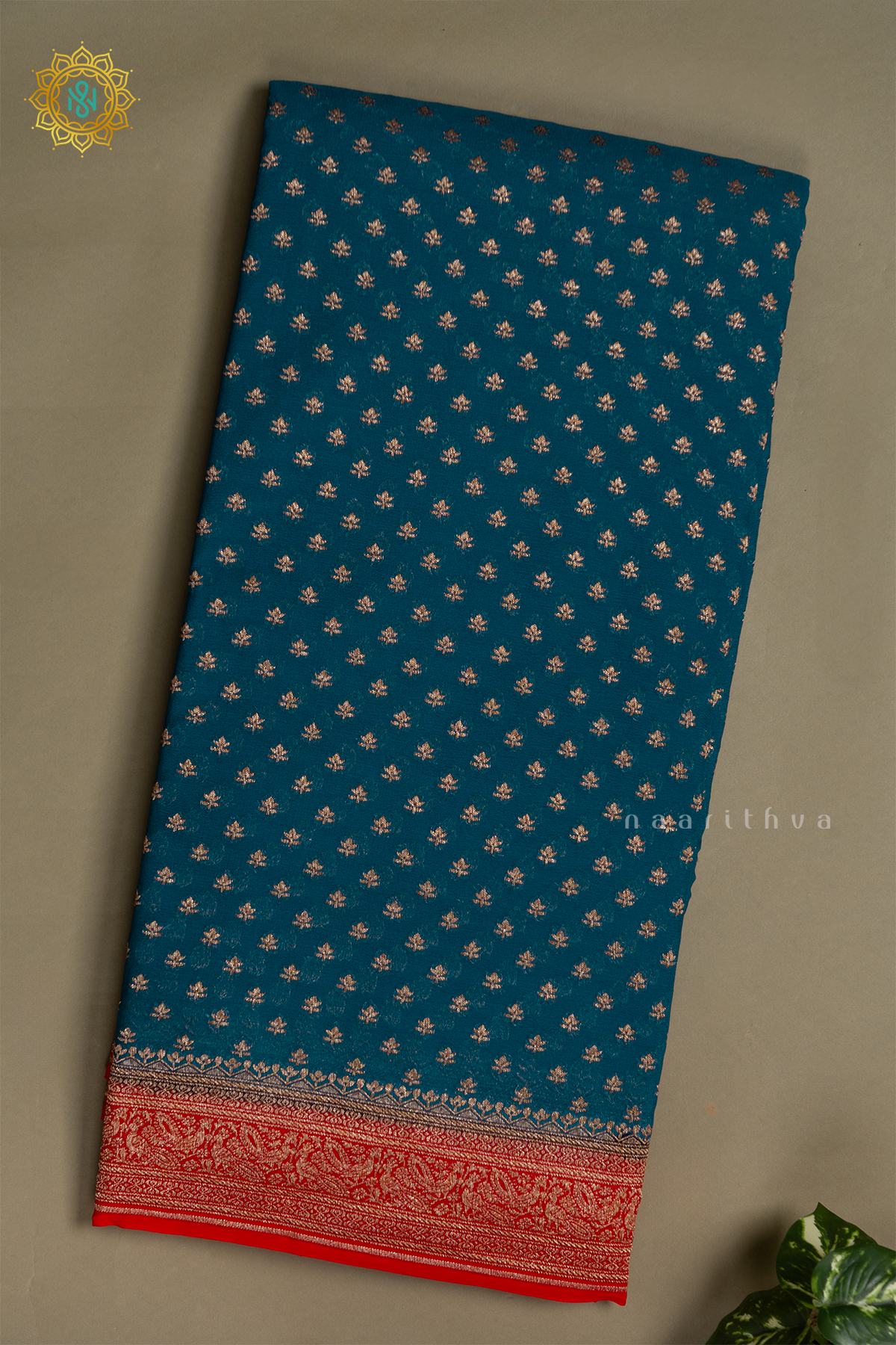 PEACOCK BLUE WITH RED - PURE BANARASI KHADDI GEORGETTE