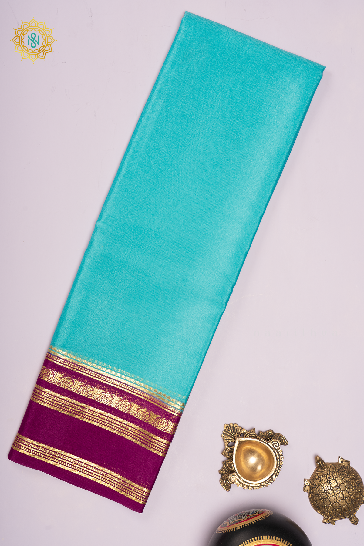 SKY BLUE WITH MAGENTHA - PURE MYSORE CREPE SILK
