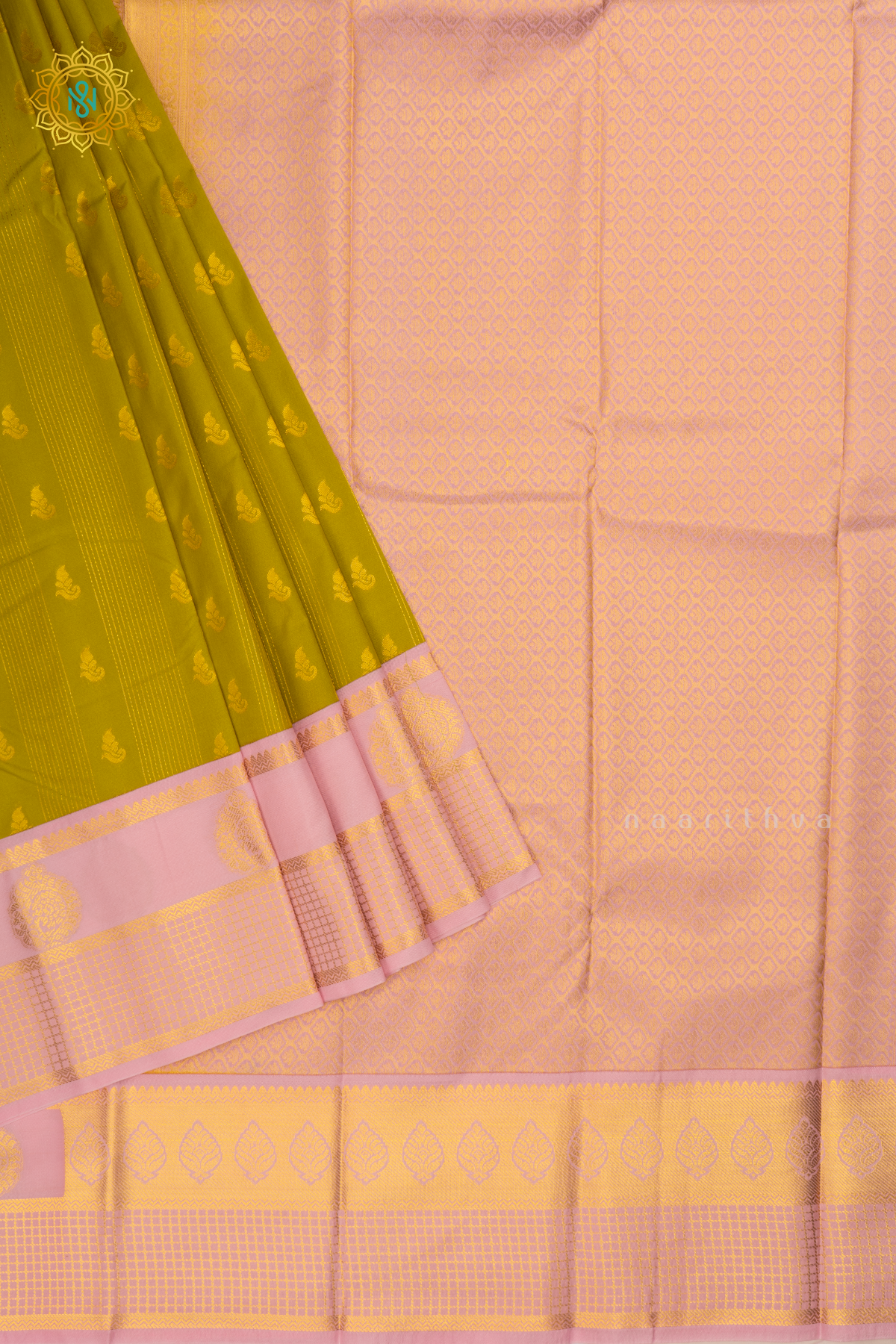 Parrot Green With Light Pink Semi Kanchi Saree With Zari Buttas All Over And Contrast Zari Border