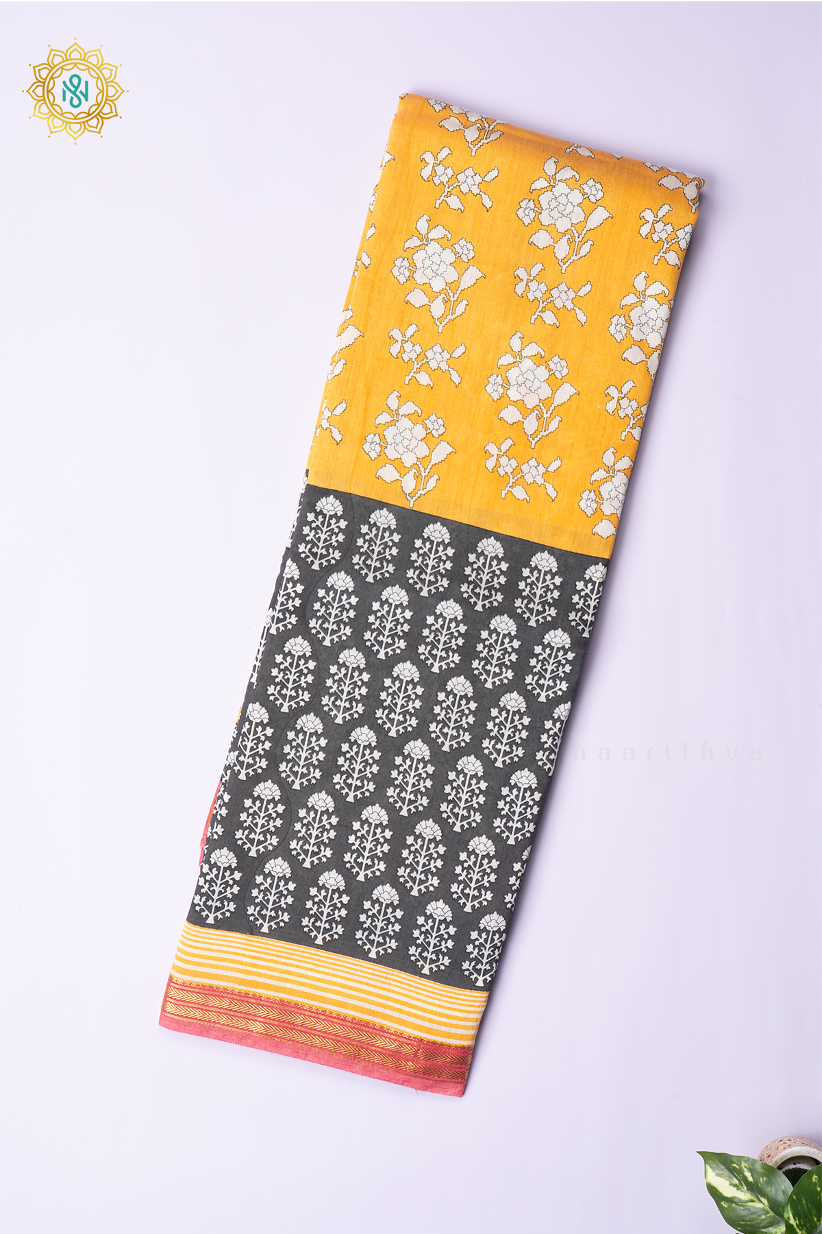 YELLOW WITH ELEPHANT GREY & RED - BUTTER CREPE