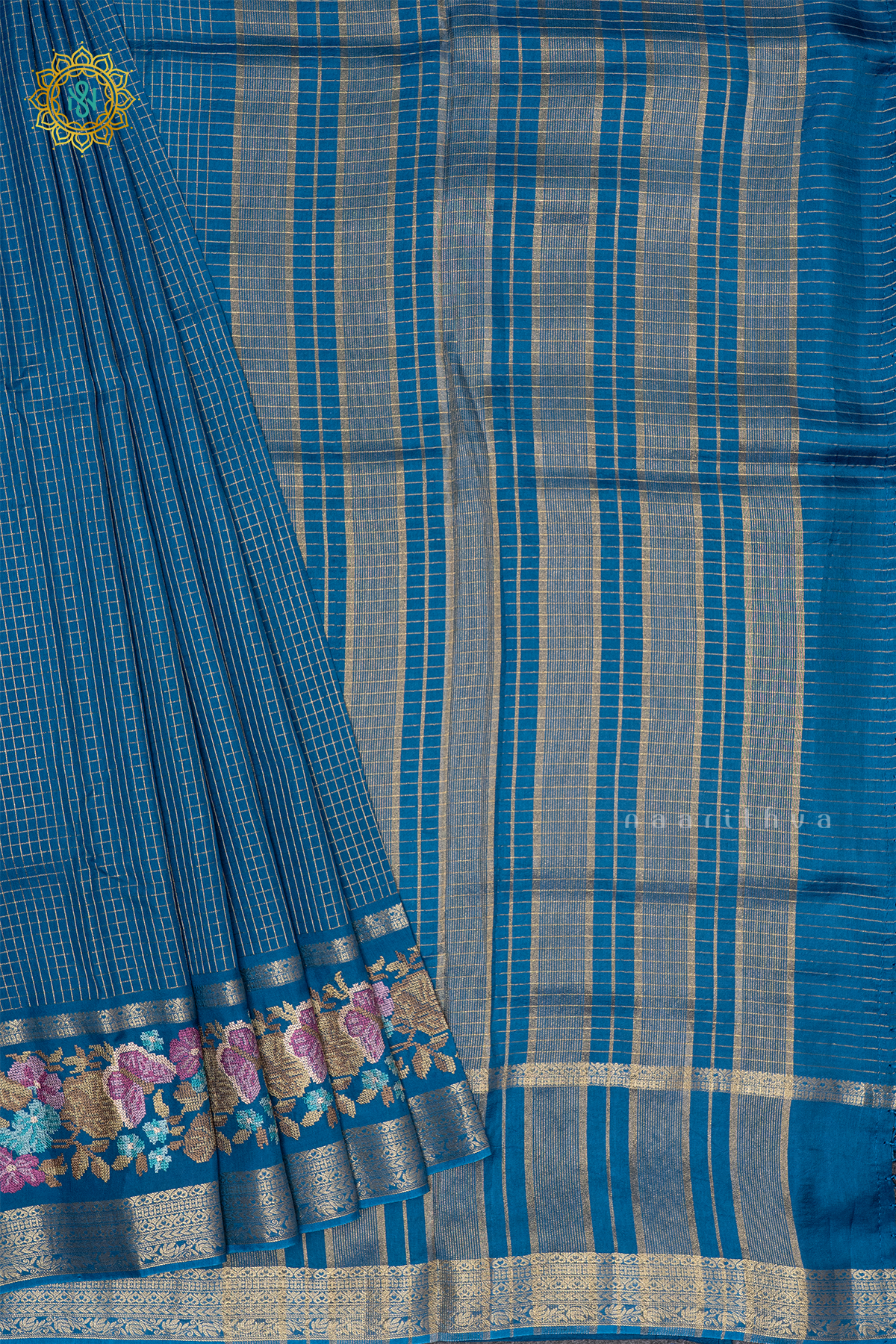 TEAL BLUE - SEMI CREPE SILK WITH EMBROIDERY