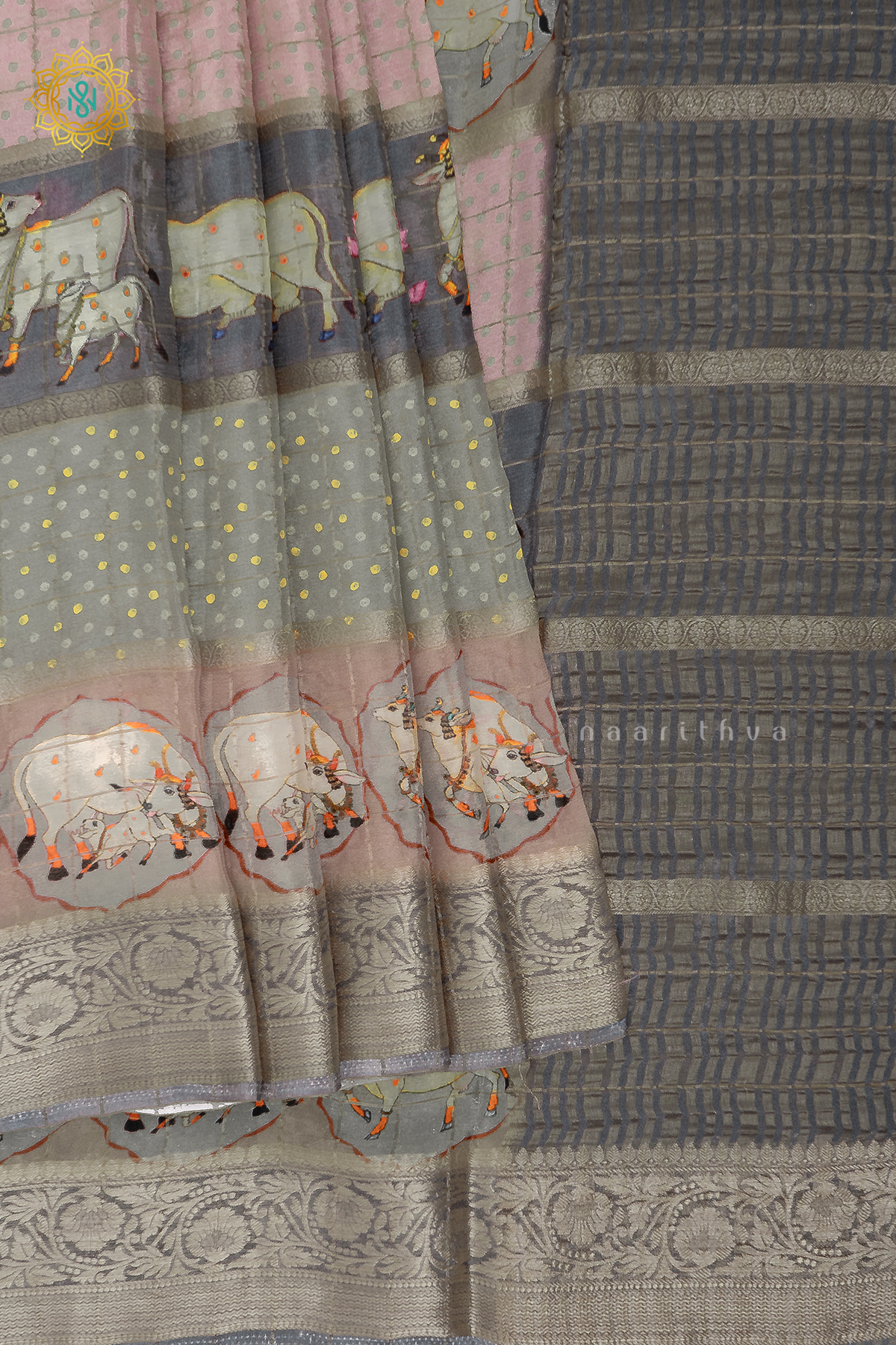 GREY WITH PEACH - SEMI CREPE SILK