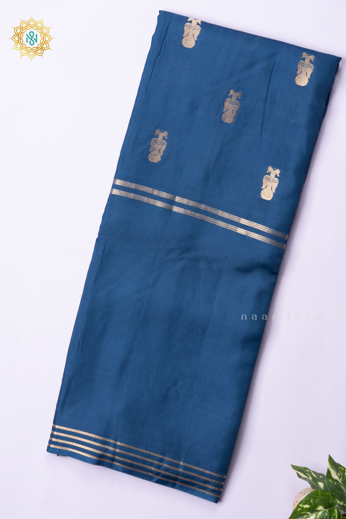 PEACOCK BLUE WITH PINK - SEMI CREPE SILK