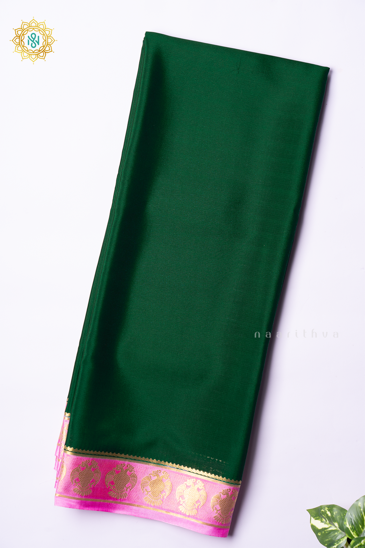 BOTTLE GREEN WITH LIGHT PINK - PURE MYSORE CREPE SILK