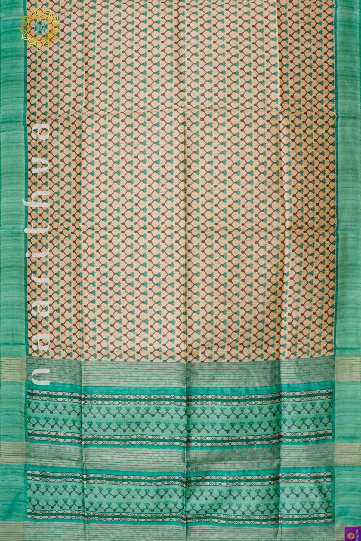 BIEGE WITH AQUA GREEN - SEMI TUSSAR SILK