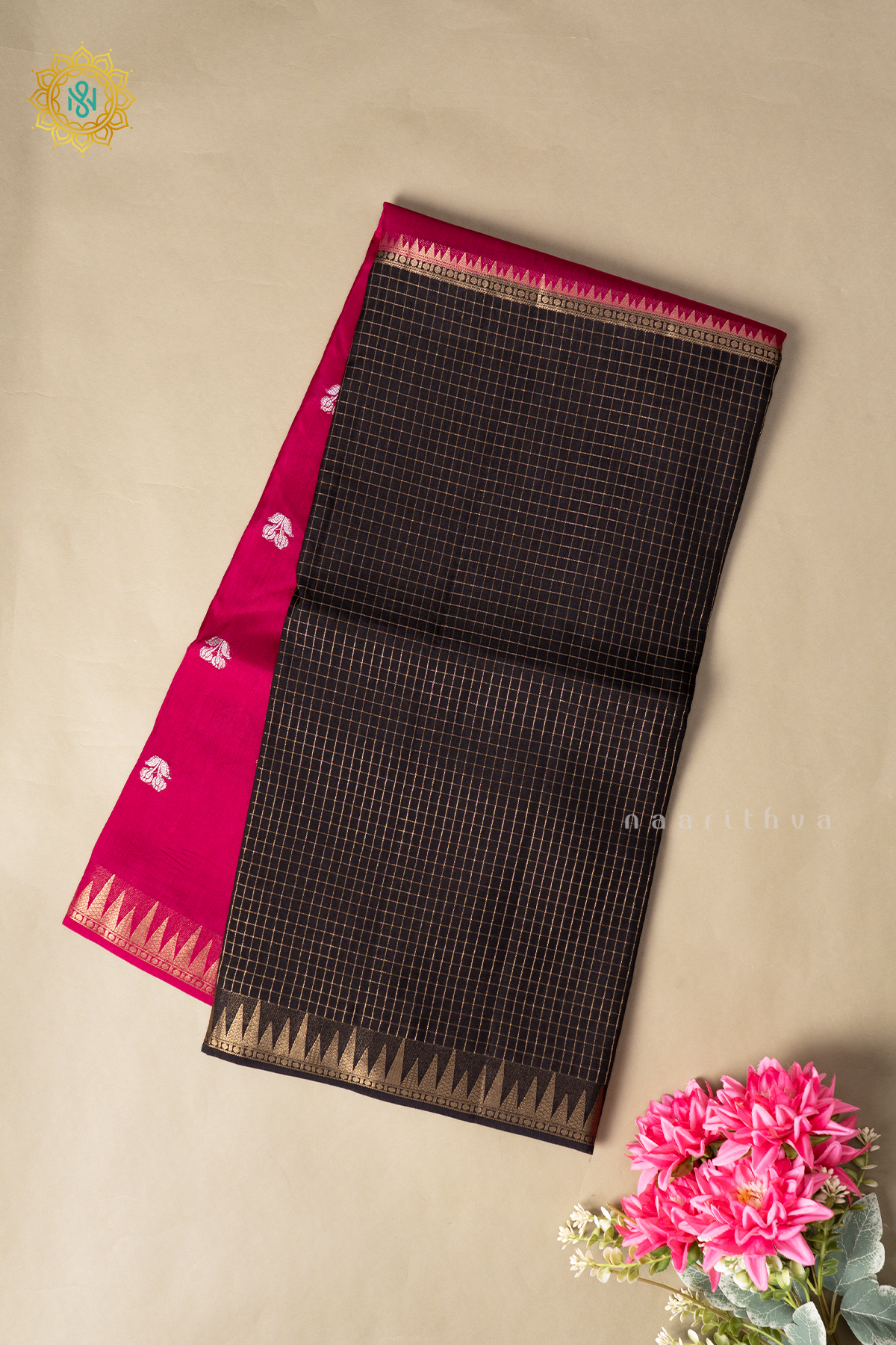 Pink With Black Semi Crepe Silk Saree With Zari Checks & Buttas On The Body With Half & Half Pattern