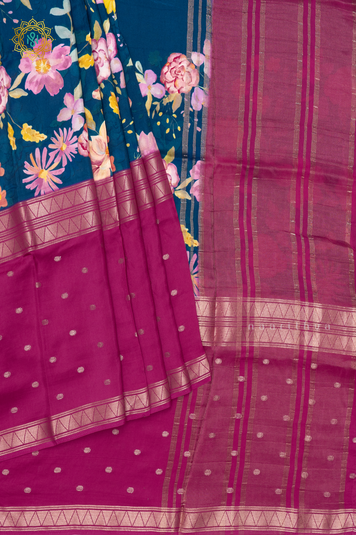 PINK WITH TEAL BLUE - SEMI CREPE SILK