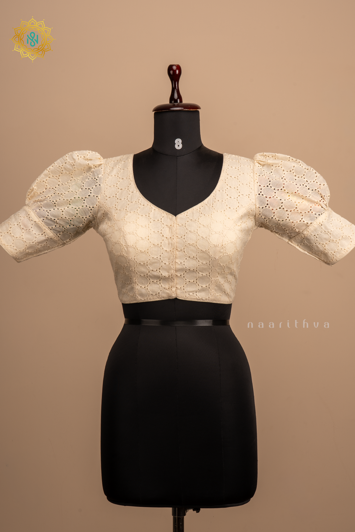 Off white - Cotton readymade blouse with hakoba work and puff sleeves