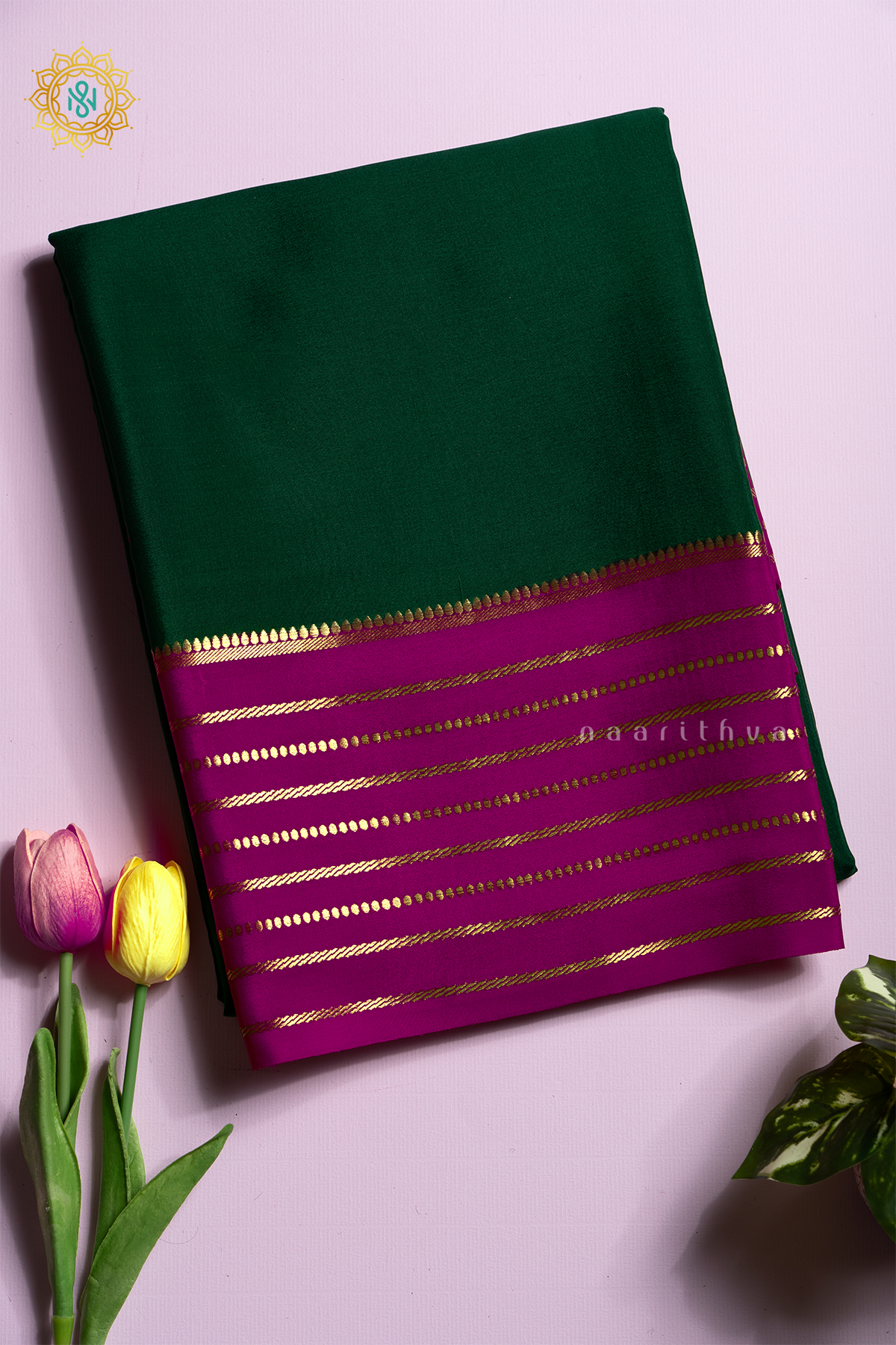BOTTLE GREEN WITH PINK - PURE MYSORE CREPE SILK