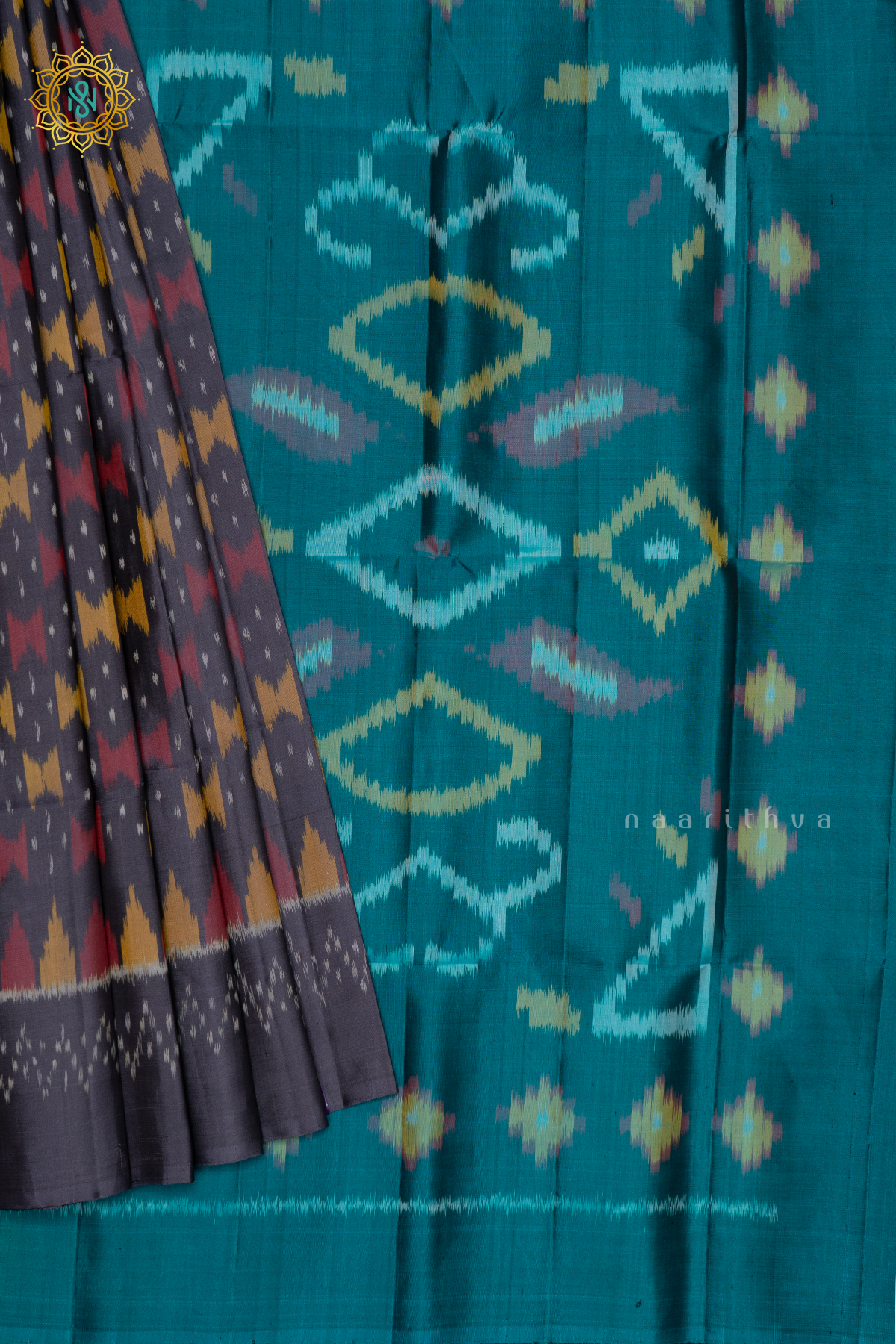 GREY WITH CYAN GREEN - PURE KANJIVARAM IKAT SOFT SILK