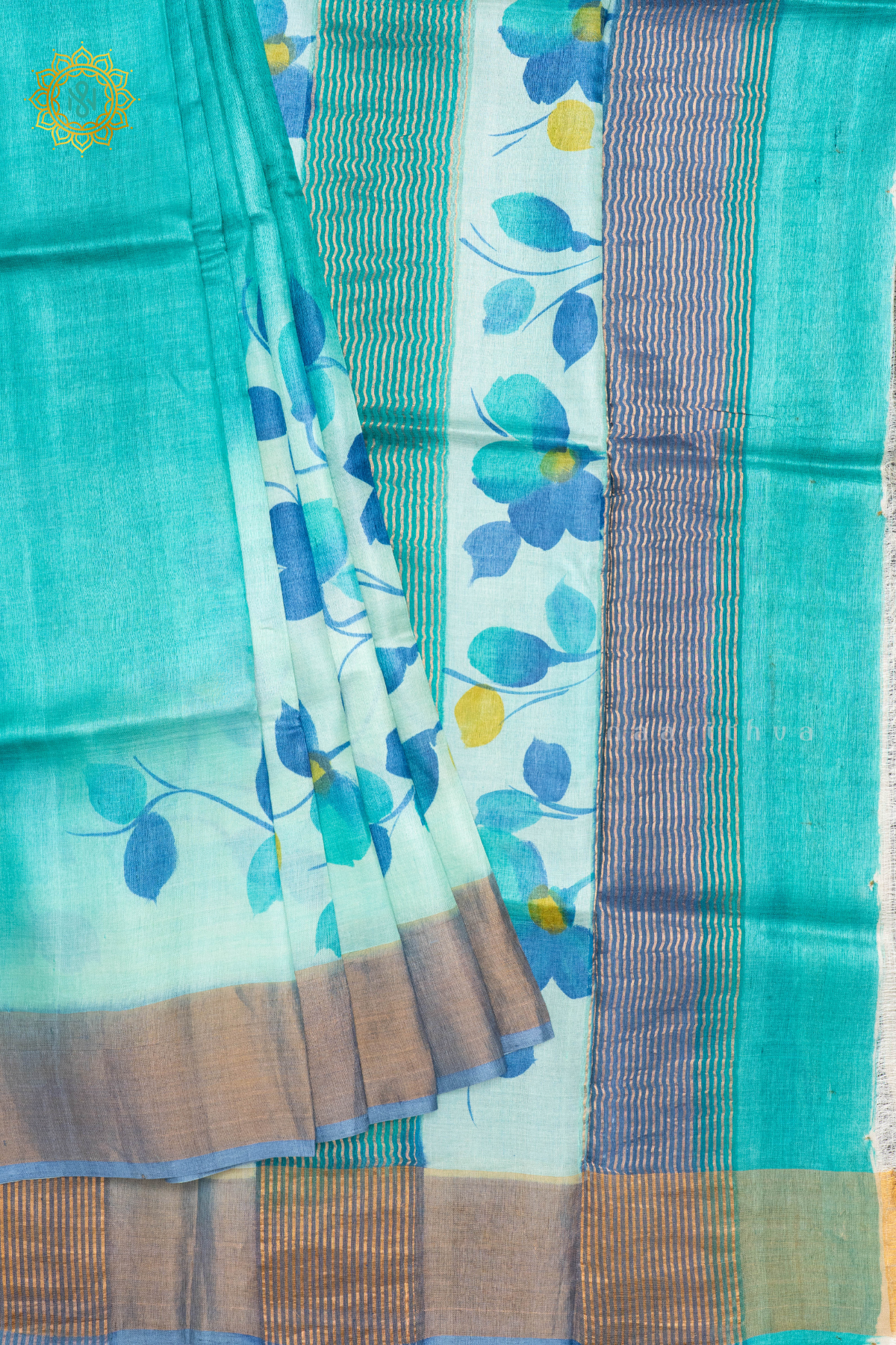 AQUA BLUE - PURE TUSSAR SILK WITH HAND PAINTED