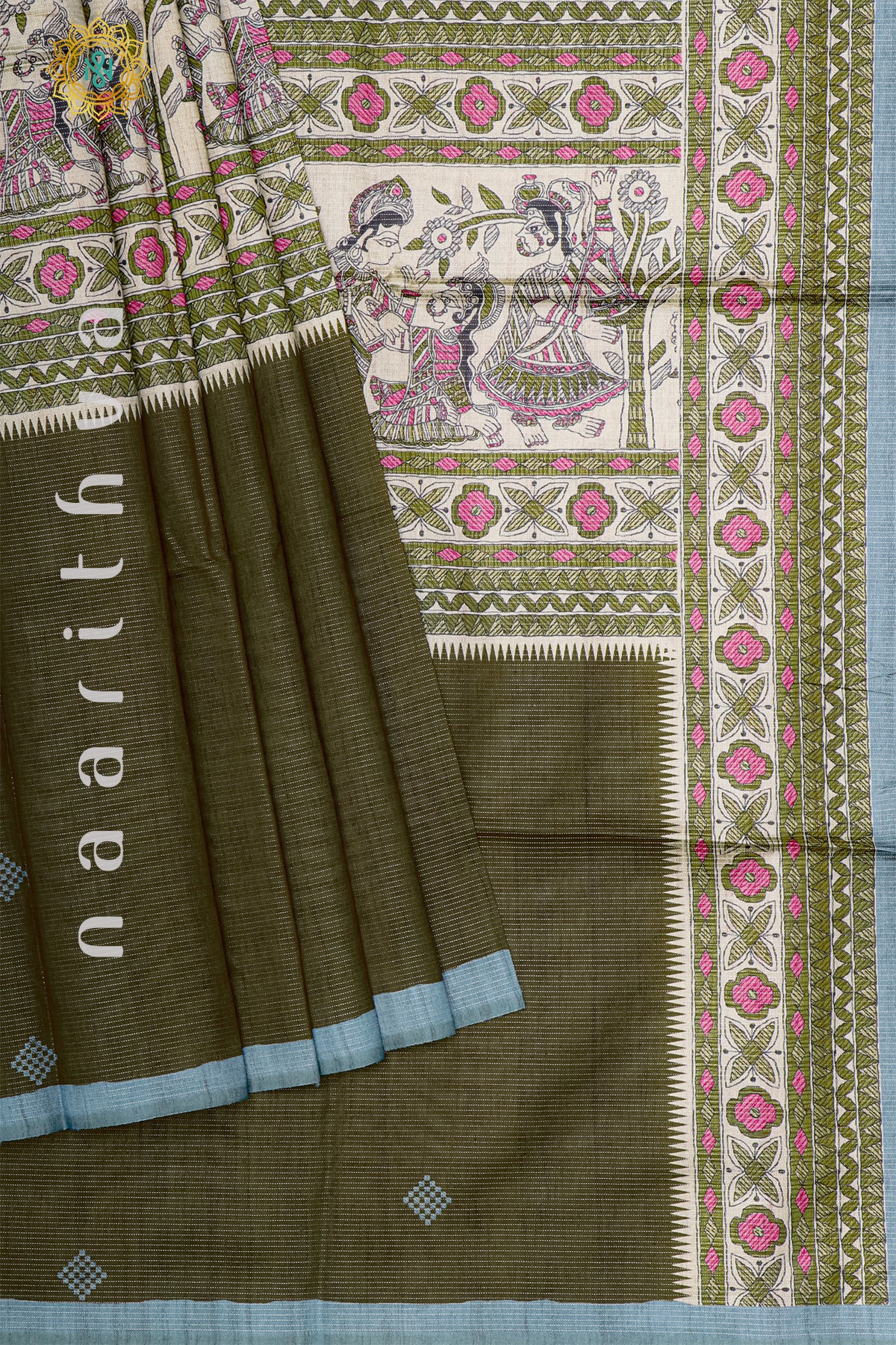 GREEN WITH SKY BLUE - SEMI TUSSAR SILK