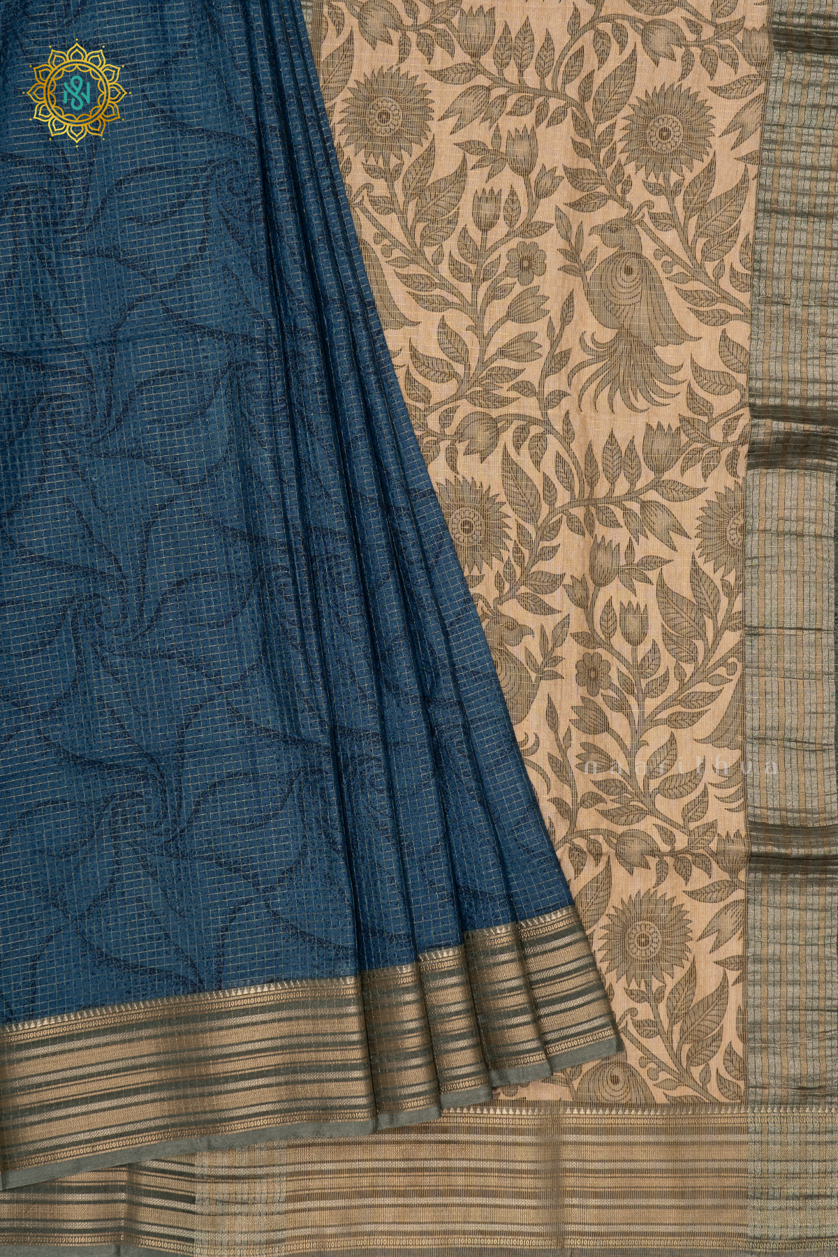 SKY BLUE WITH BEIGE - SEMI CREPE SILK