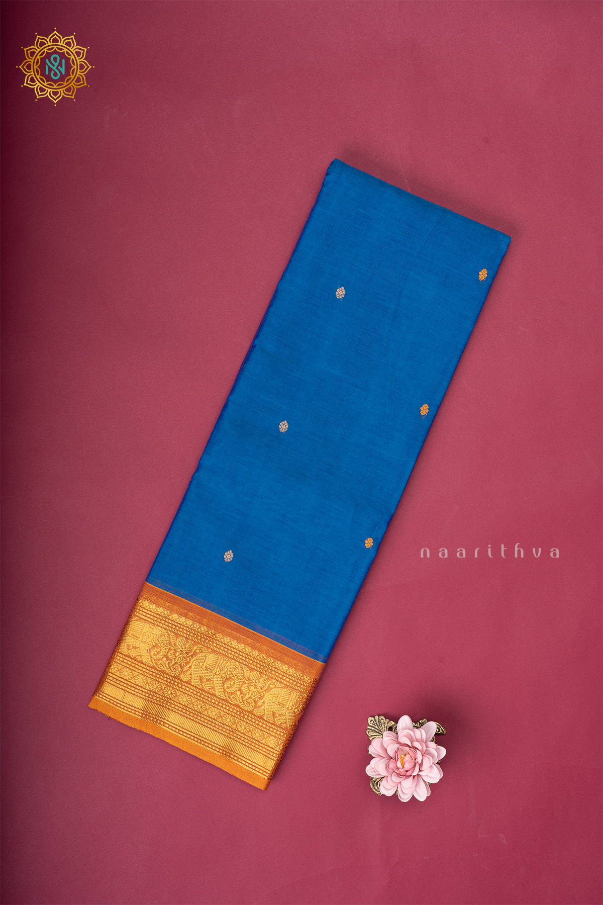 Blue With Mustard Chettinad Cotton Saree With Thread Woven Buttas & Contrast Border