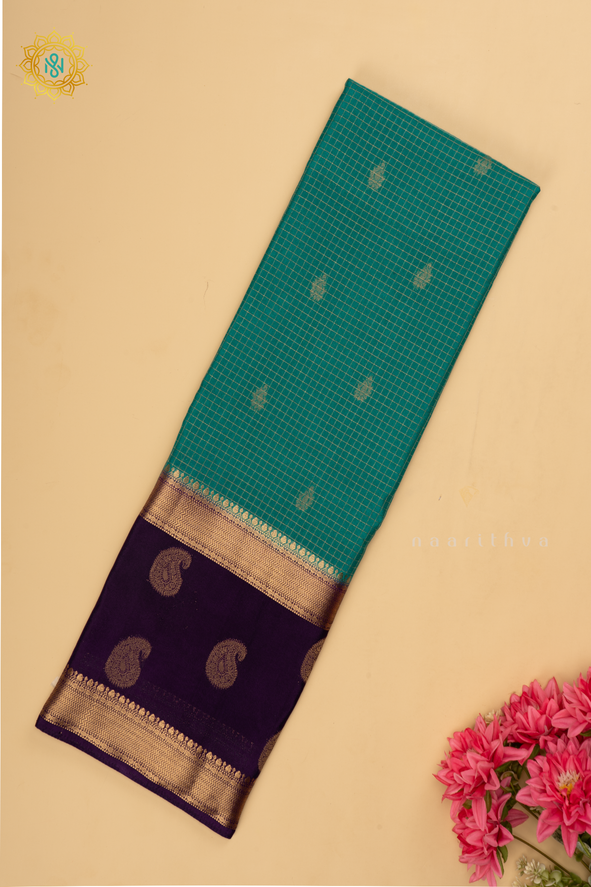 Semi Mysore Crepe Silk Saree with All-Over Zari Checks and Buttas and a Contrast Zari Gap Border