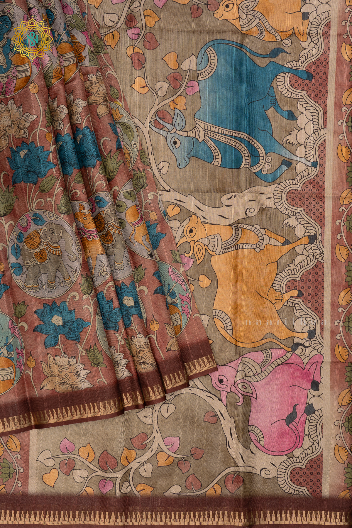 Dark Brown Semi Tussar Silk Saree With Kalamkari Prints allover the body,Pallu and Zari Border