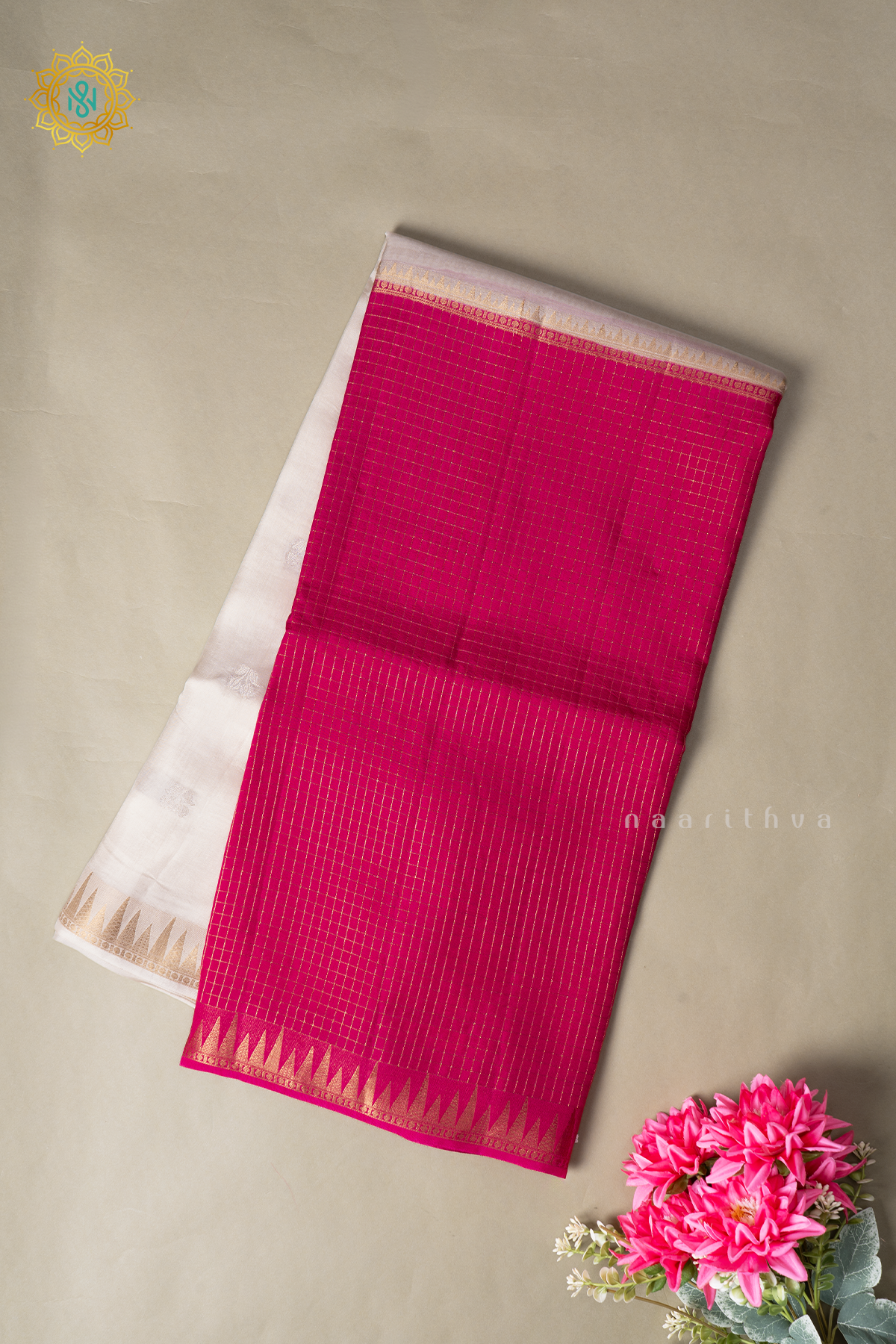 White With Pink Semi Crepe Silk Saree With Zari Checks & Buttas On The Body With Half & Half Pattern