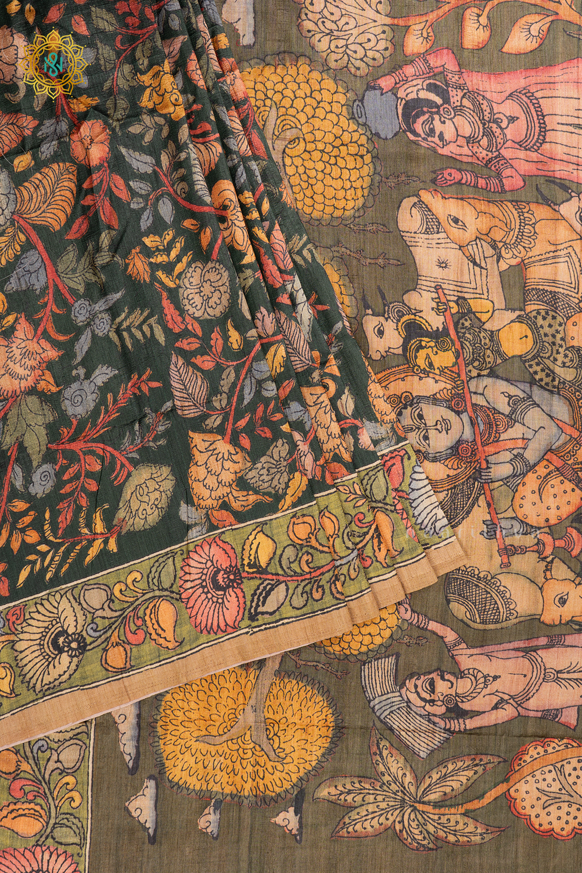 Green - Semi Gicha Tussar Saree Allover Kalamkari Printed Body With Pallu And Blouse
