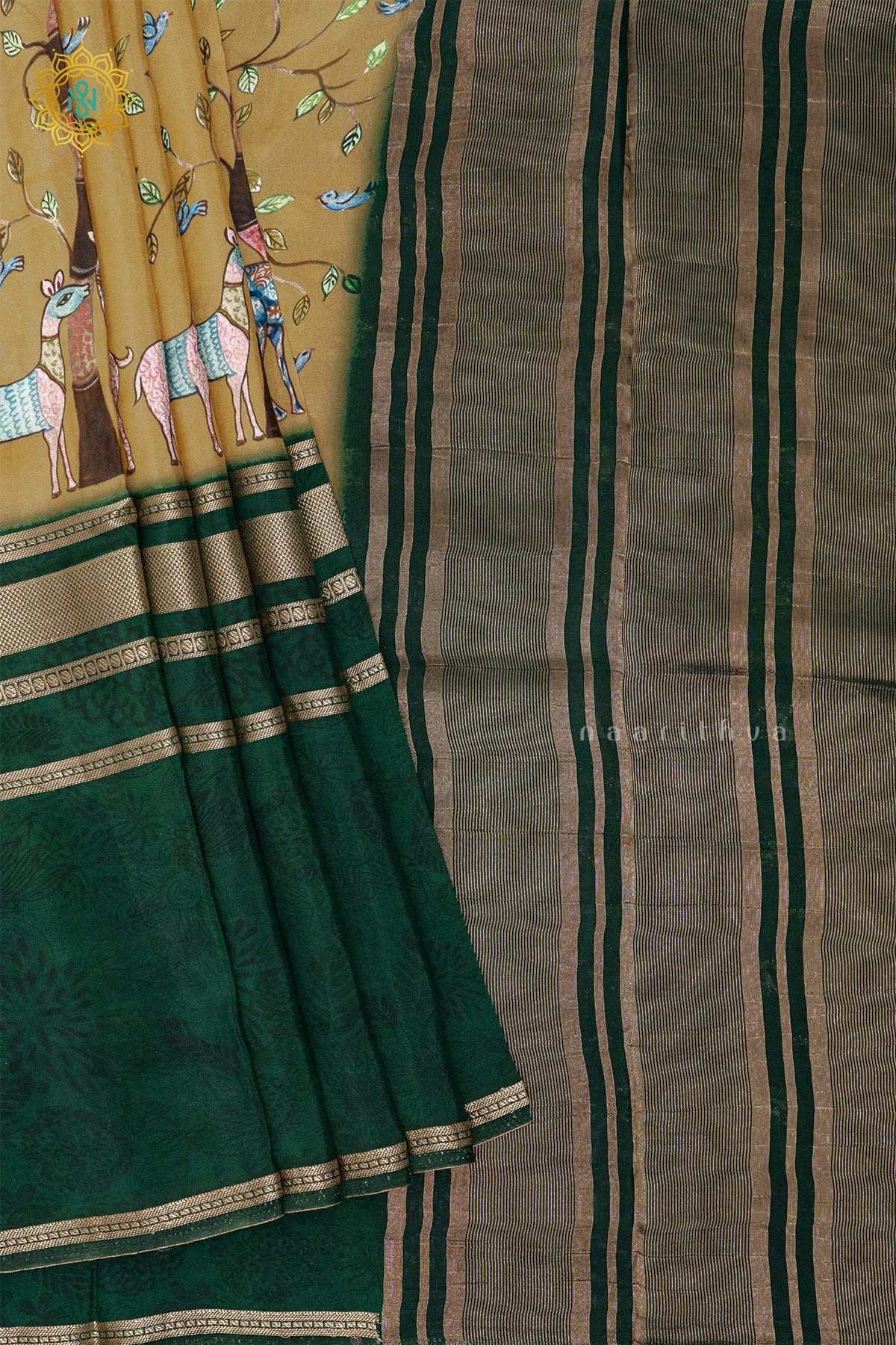 MUSTARD WITH BOTTLE GREEN - SEMI CREPE SILK