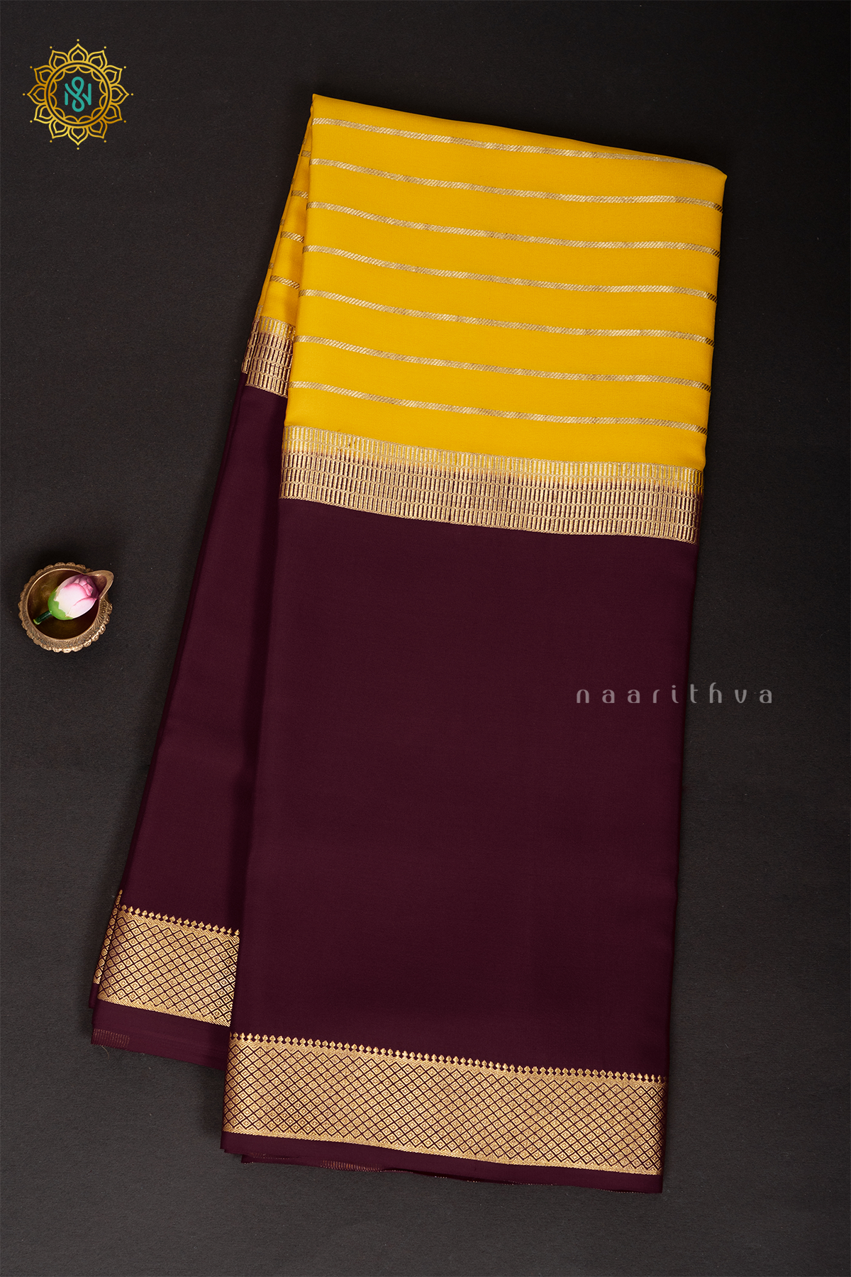 YELLOW WITH MAROON - PURE MYSORE CREPE SILK