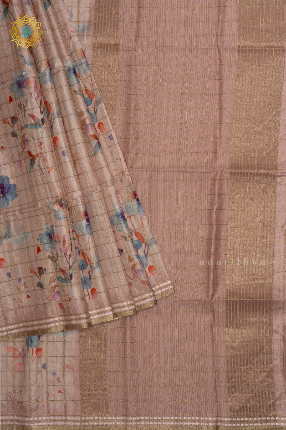 Light Peach - Kotha Tussar Silk Saree with Allover zari Checks and Printed Body with pallu and Blouse