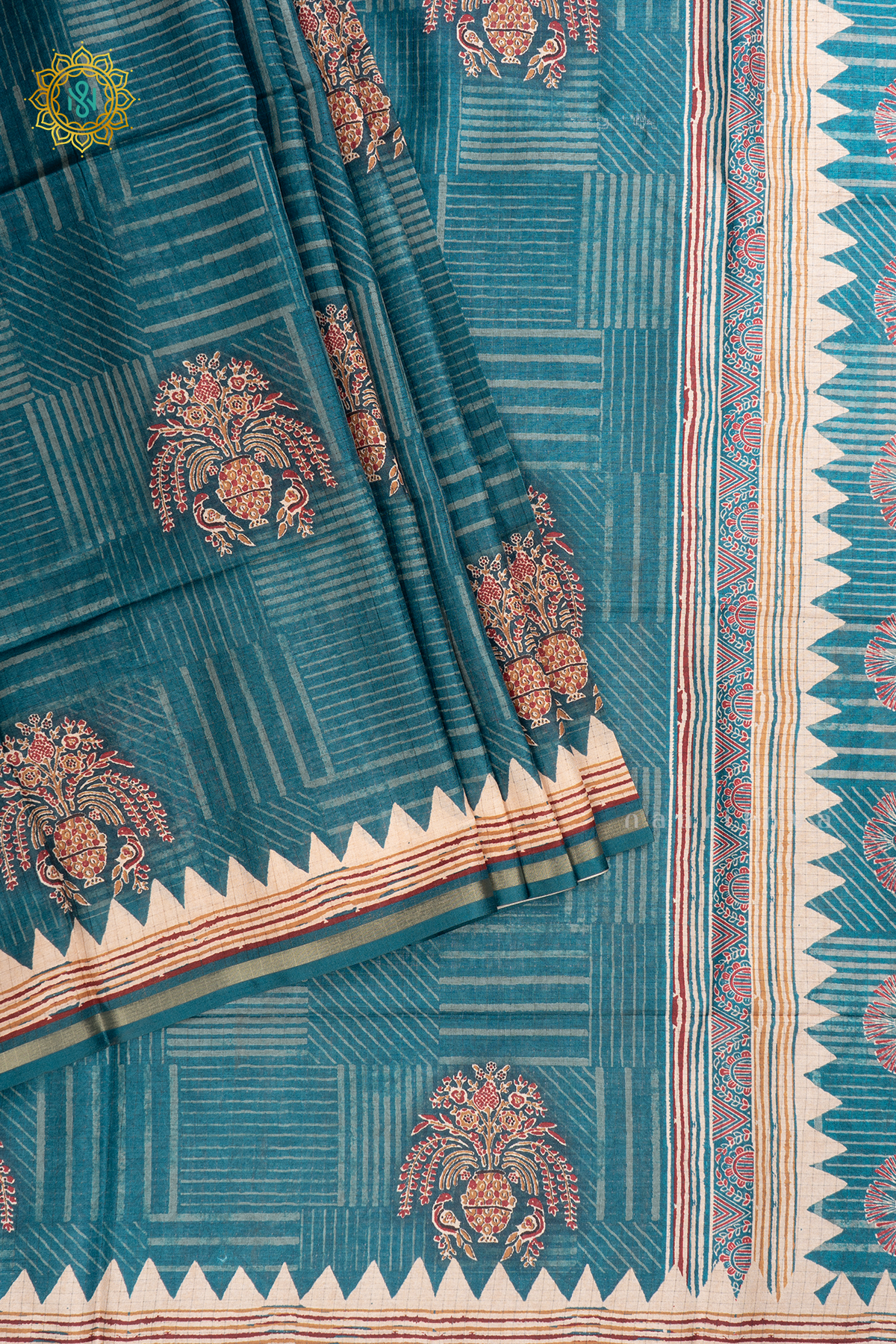 TEAL BLUE WITH OFF WHITE - SEMI TUSSAR SILK