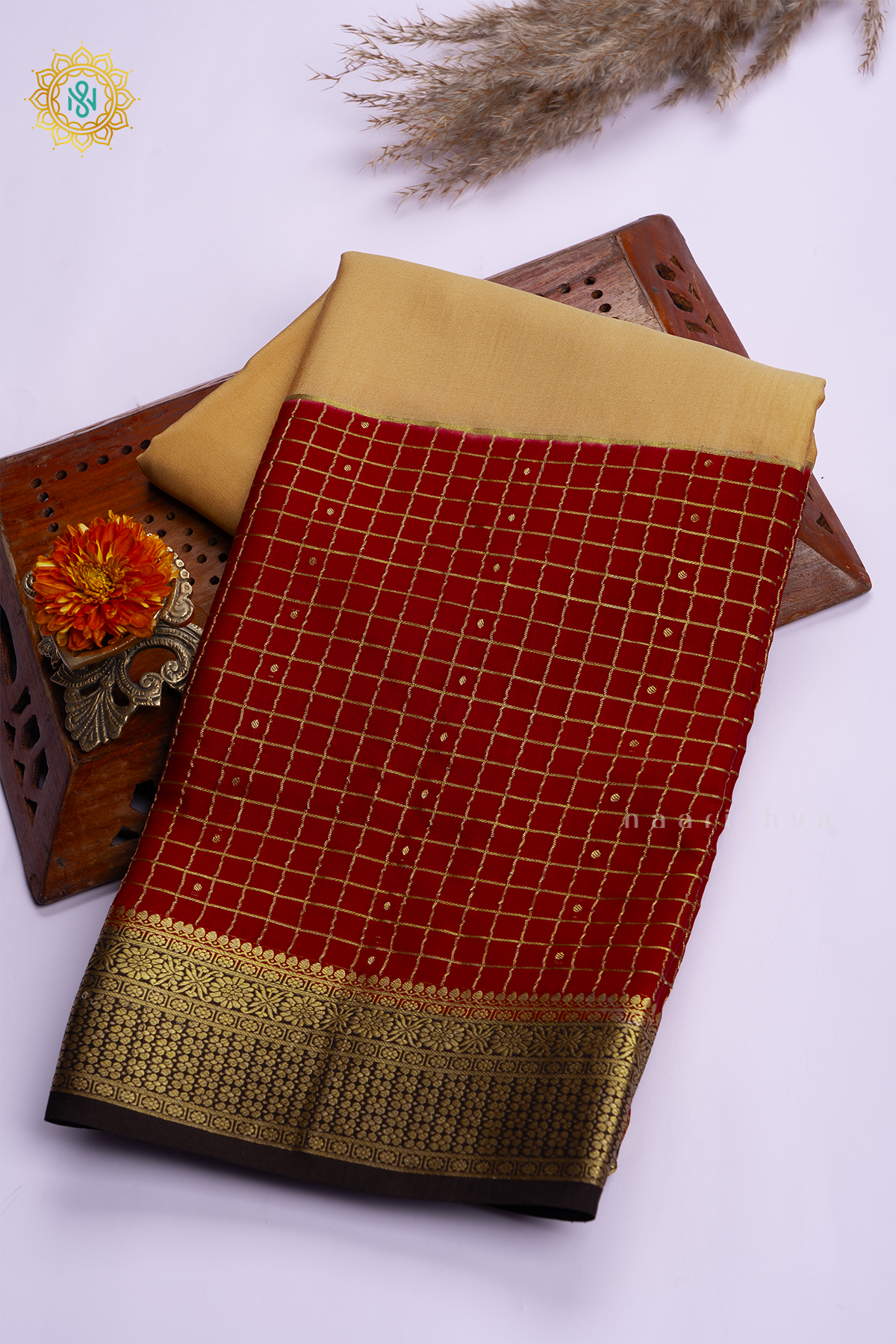 LIGHT BISCUIT WITH DARK MAROON & BLACK - PURE MYSORE CREPE SILK