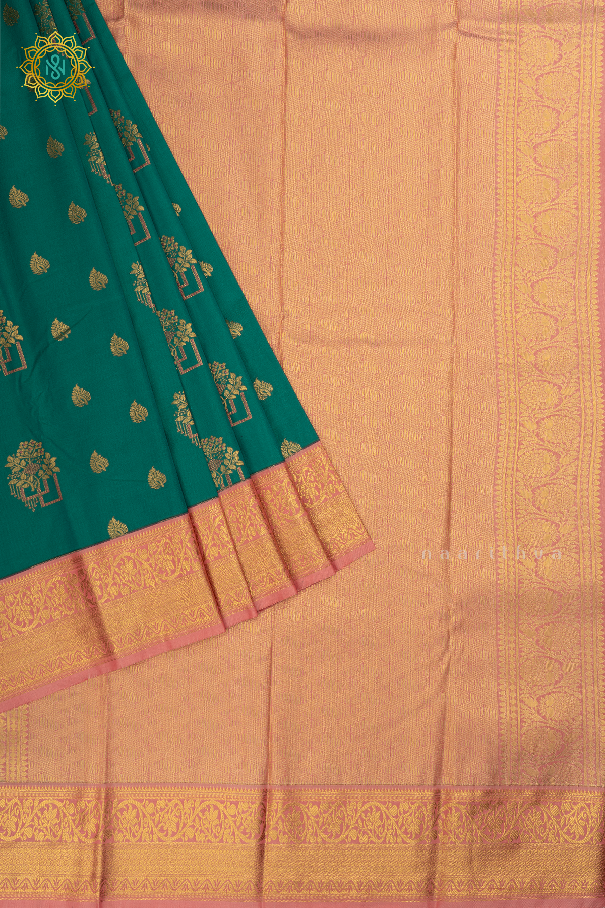 Aqua Green with Peachish Pink Semi Kanchi Saree With Zari Buttas All Over And Contrast Zari Border