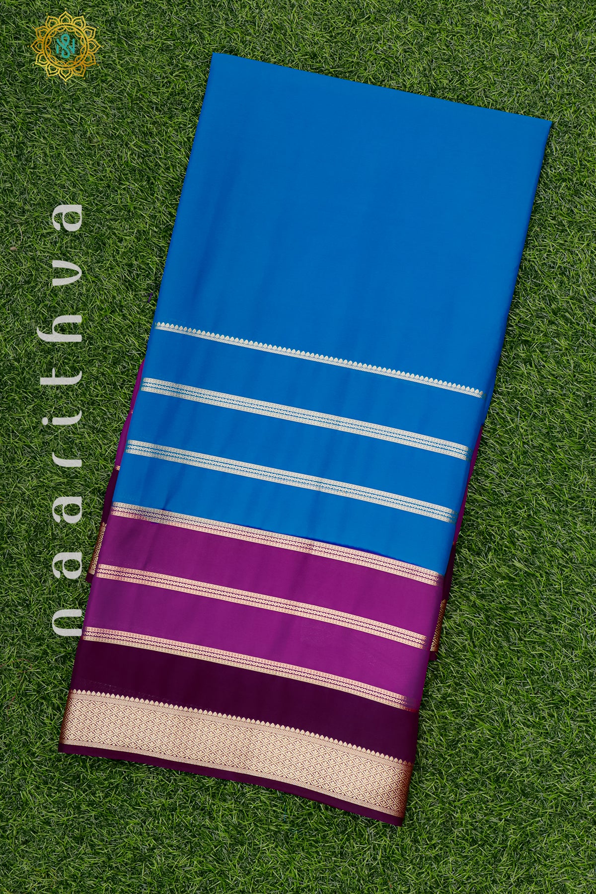 SKU BLUE WITH PINK & NAVY BLUE - SEMI MYSORE CREPE SILK